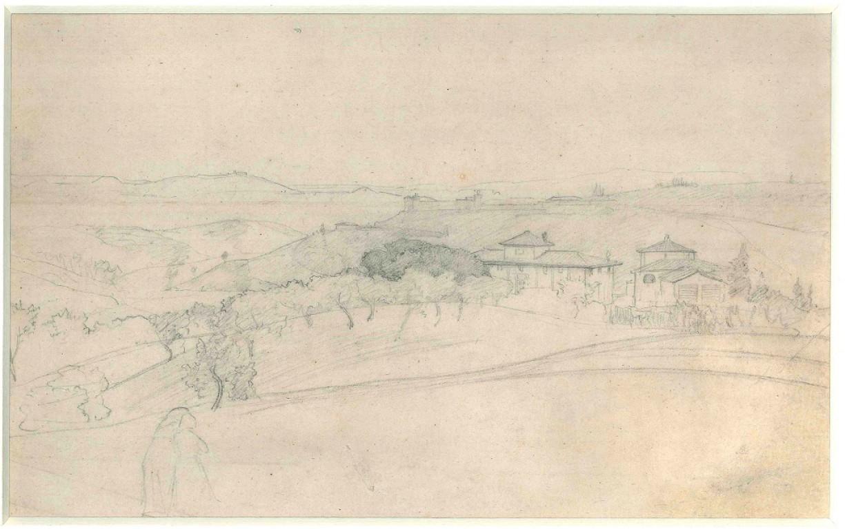 Giovanni (Nino) Costa Landscape Art – Hilly Landscape With Houses and Trees - 19th Century - Nino Costa - Drawing