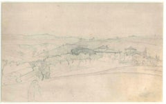 Hilly Landscape With Houses and Trees - 19th Century - Nino Costa - Drawing