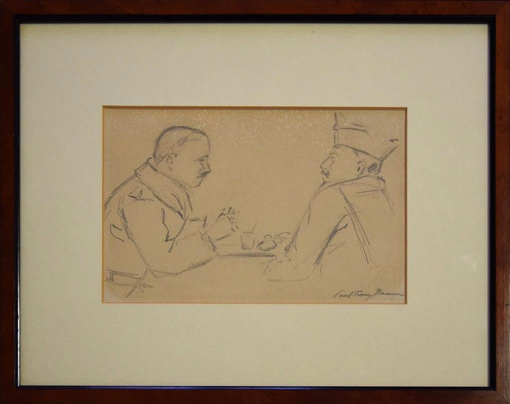 Two Men Around a Table is an original artwork realized by Paul-Franz Namur in the 1940s. Pencil on paper. 
Hand-signed by the artist on the lower right margin. Passepartout and wood frame included (cm 30.5 x 39). 
Good conditions except for some
