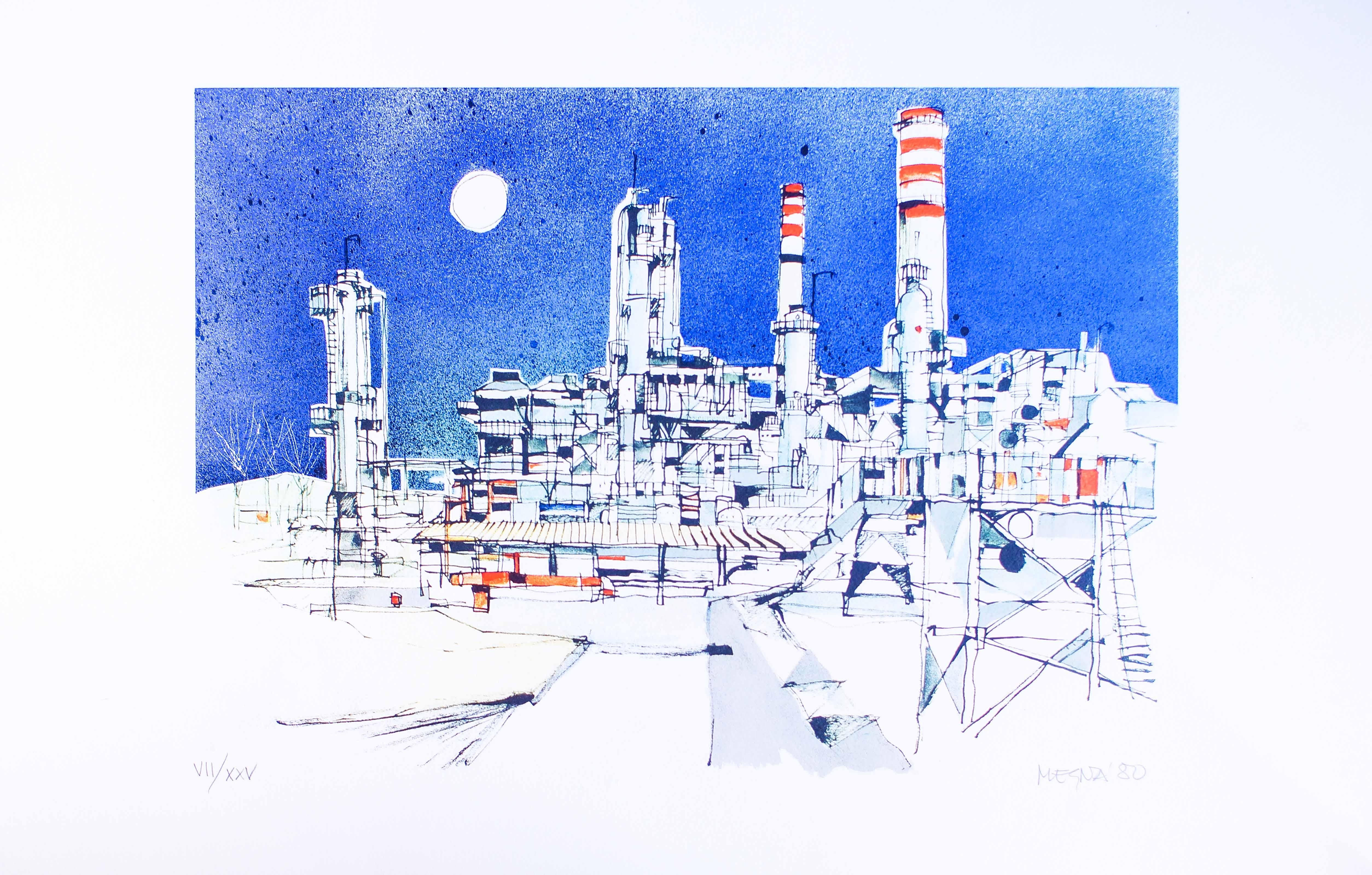 Giuseppe Megna Figurative Print - Refinery - Original Color Etching by Giuseppe Megan - 1980