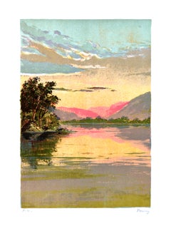 Sunrise on the Lake – Sonnenaufgang am See – Originallithographie von Mario Sportelli – 1970 ca.