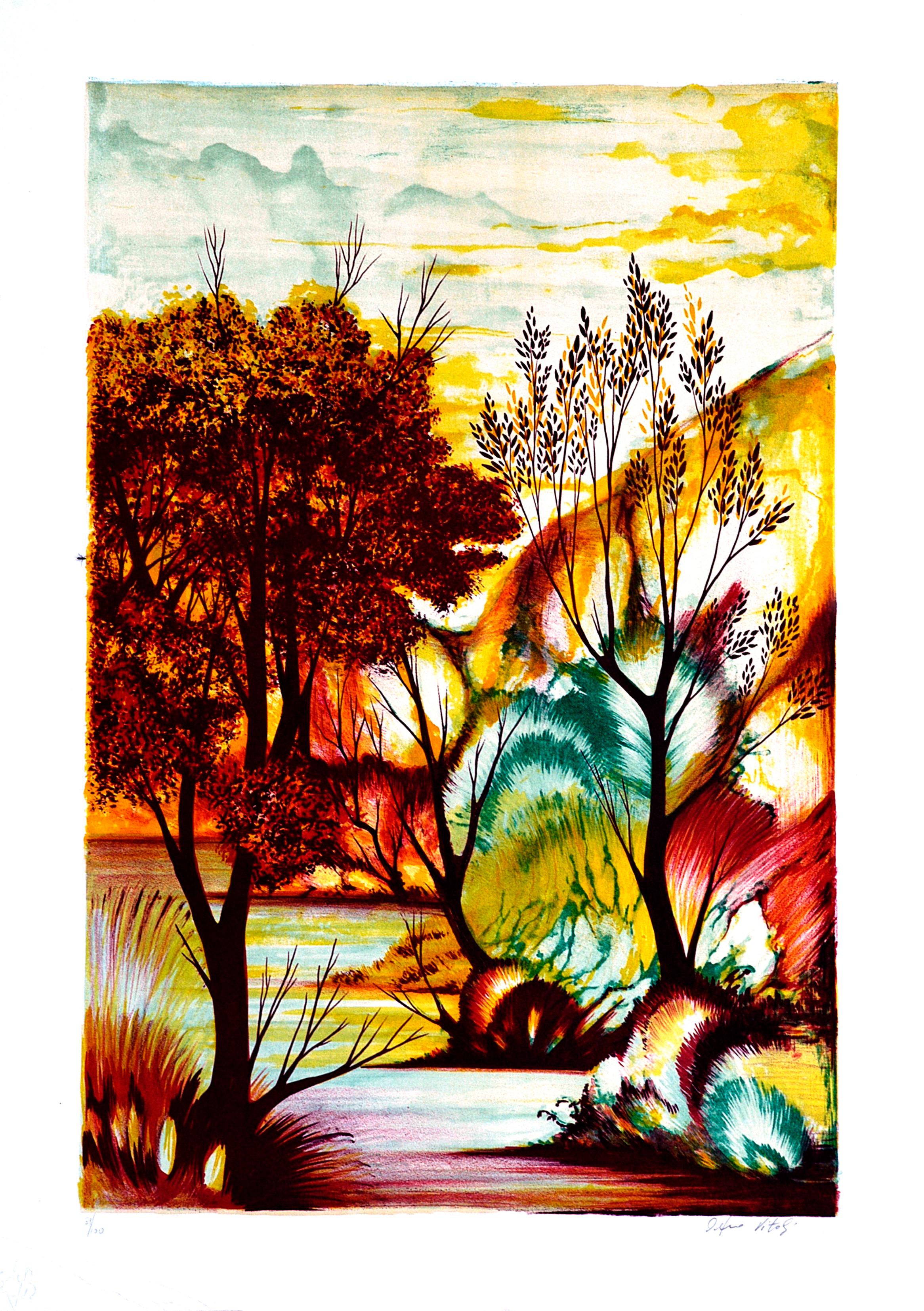 Edition of 100 prints, hand signed. Beautiful representation of Autumn colors, designed by the italian artist Orfeo Vitali and printed by Atelier Franco Cioppi.	

