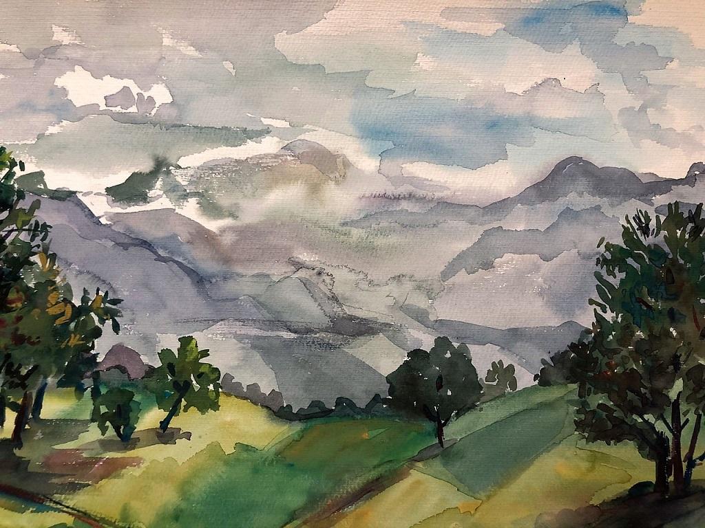 Natural Landscape with Mountains is an original artwork realized in the second half of the XX century by Pierre Outin. Watercolor on paper.
Mint conditions.

Very beautiful artwork representing a landscape realized in watercolor with some details in