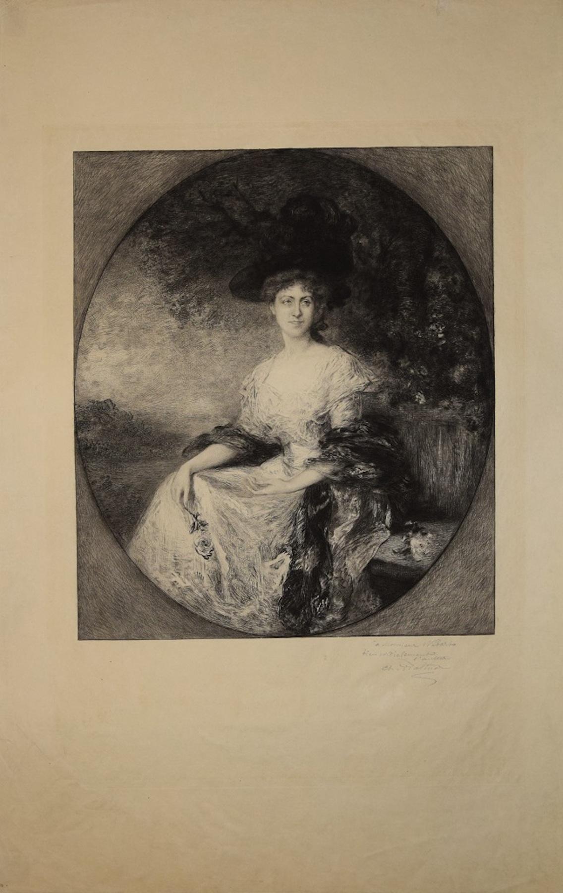 Charles Albert Waltner Portrait Print - Portait of Madame - Original b/w Etching by Charles Waltner - End of 19th cent.
