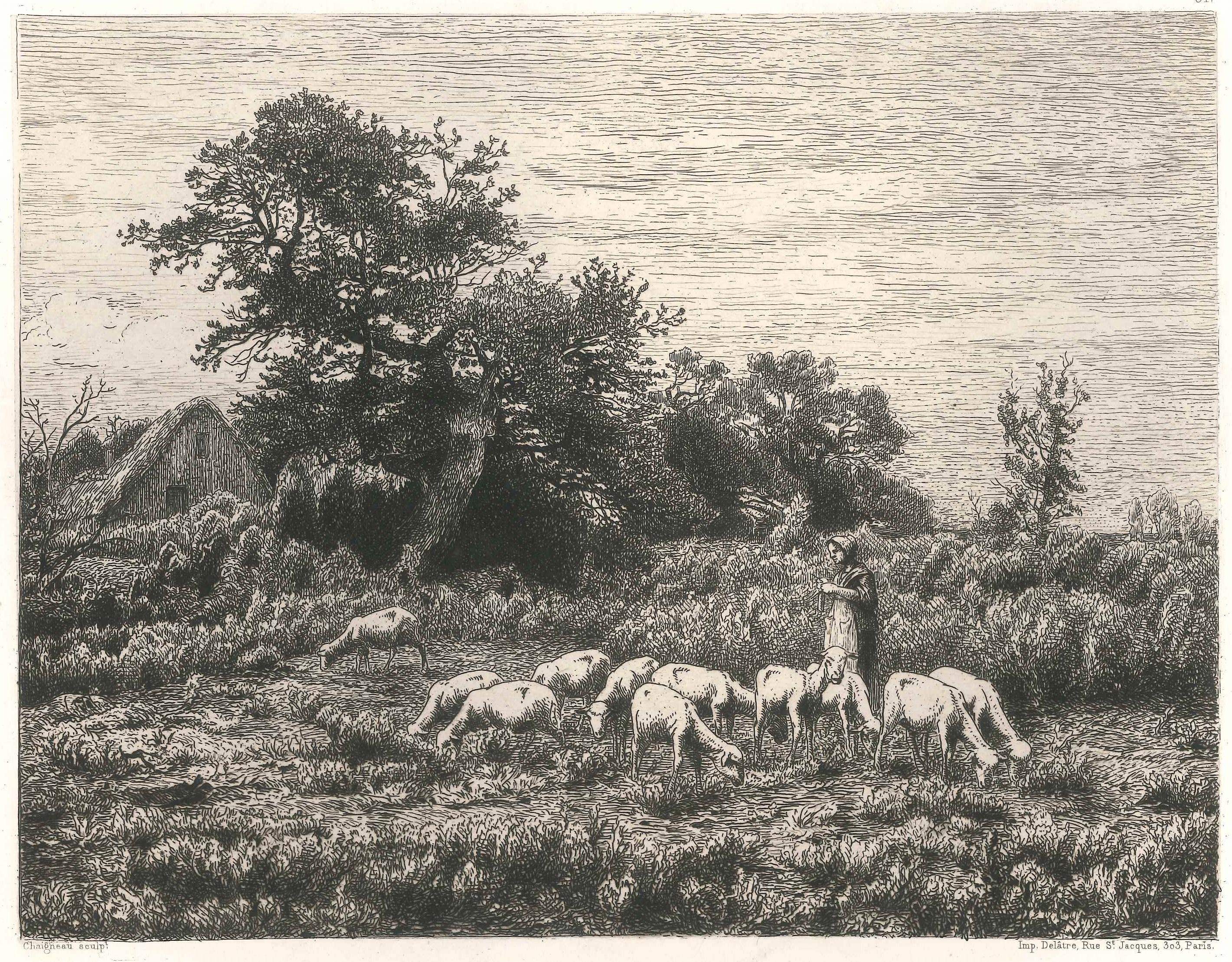 Le Petit Troupeau - Original Etching and Drypoint by J.-F. Chaigneau - 1860 - Print by Jean-Ferdinand Chaigneau 