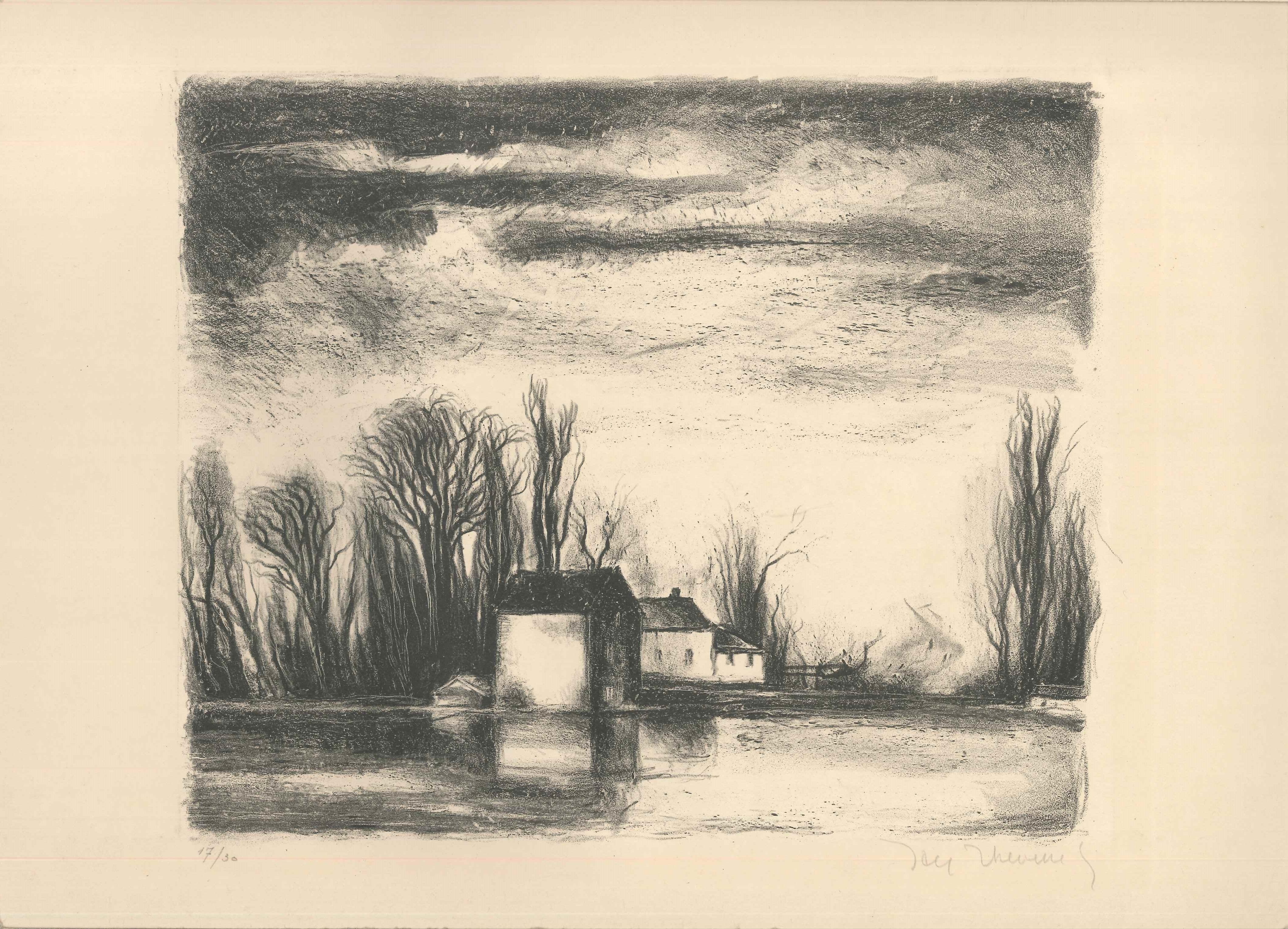 The House on the Water - Original Lithograph by J. Thévenet - 1950s - Print by Jacques Thévenet