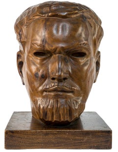 Portrait of Italo Balbo - Original Wooden Sculpture by Marco Novati - 1930s