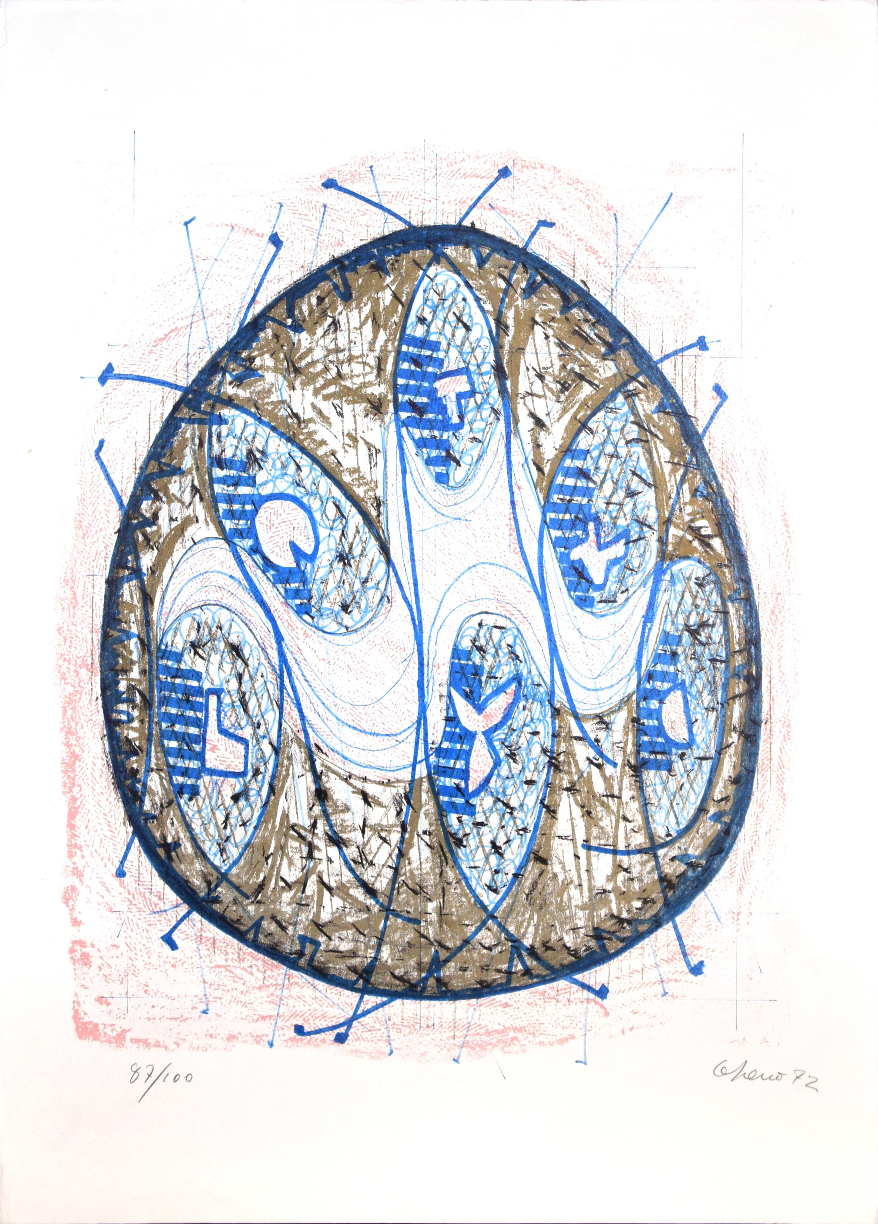 Grey And Blue Composition - 1970s - Luigi Gheno - Lithograph - Contemporary