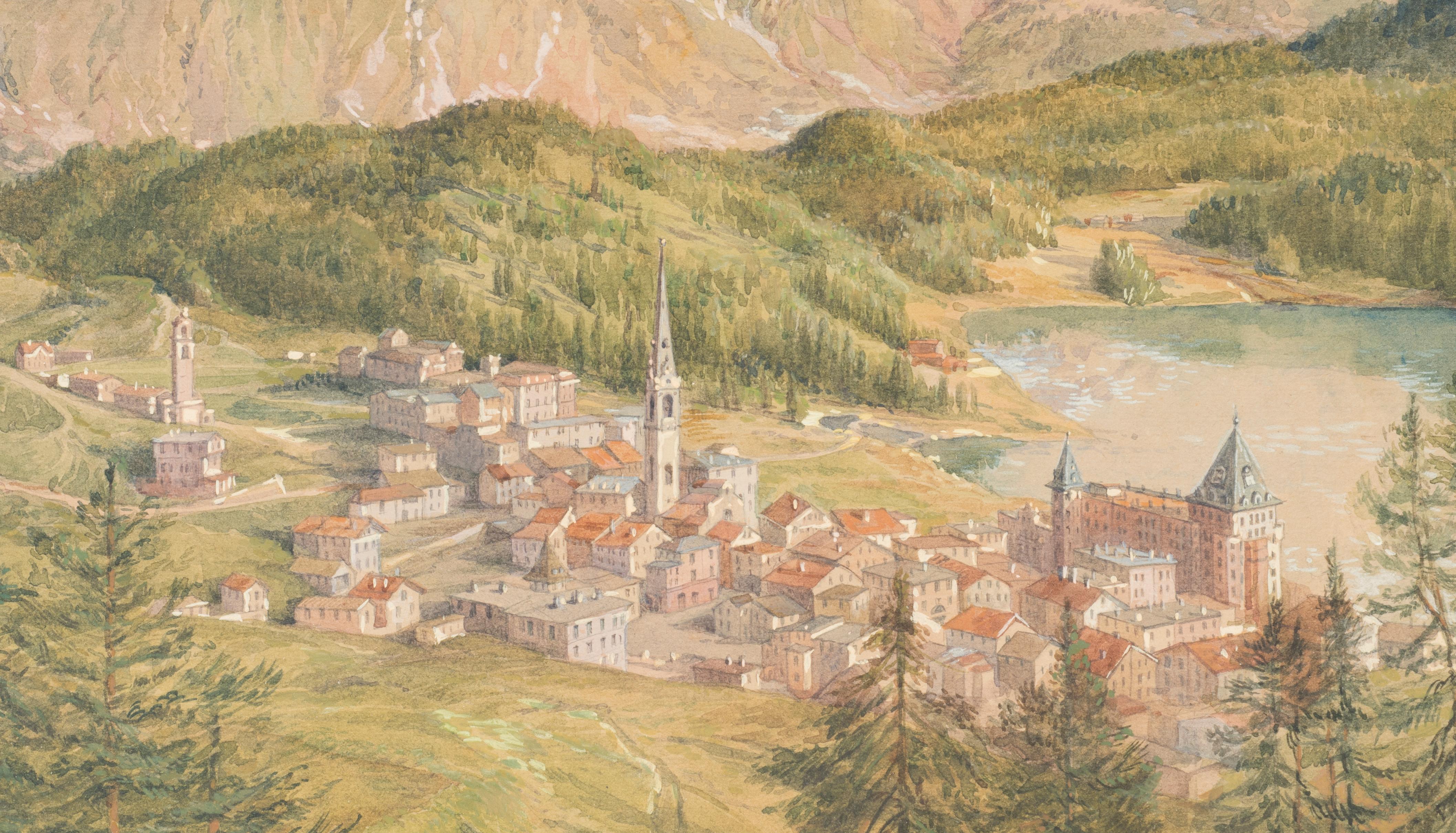 Vista de Sankt Moritz - Acuarela sobre papel de H. B. Wieland - 1900/1920 - Figurative Art Beige de Hans Beat Wieland