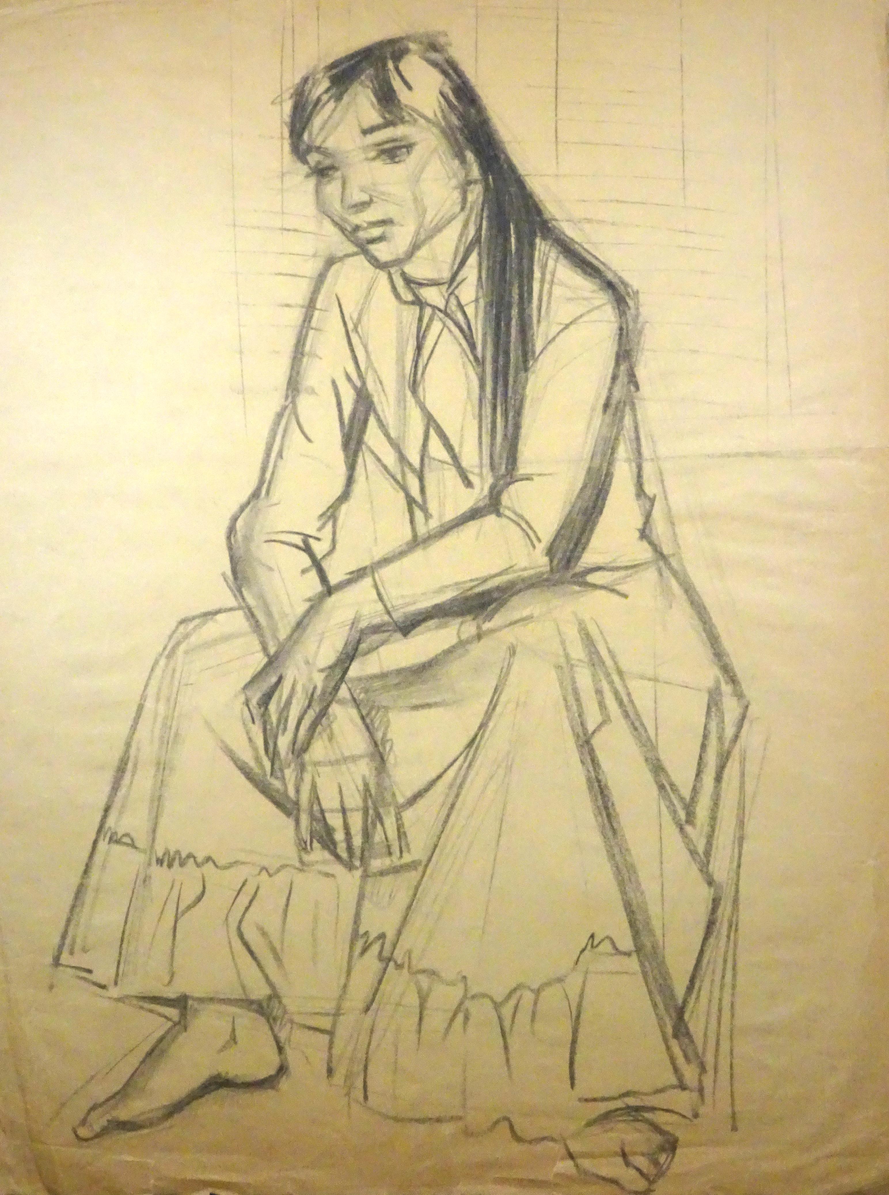 Jeune femme assise - Drawing au fusain de Gio Colucci - 20ème siècle