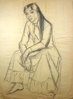 Vintage Young Woman Sitting - Charcoal Drawing by Gio Colucci - 20th Century