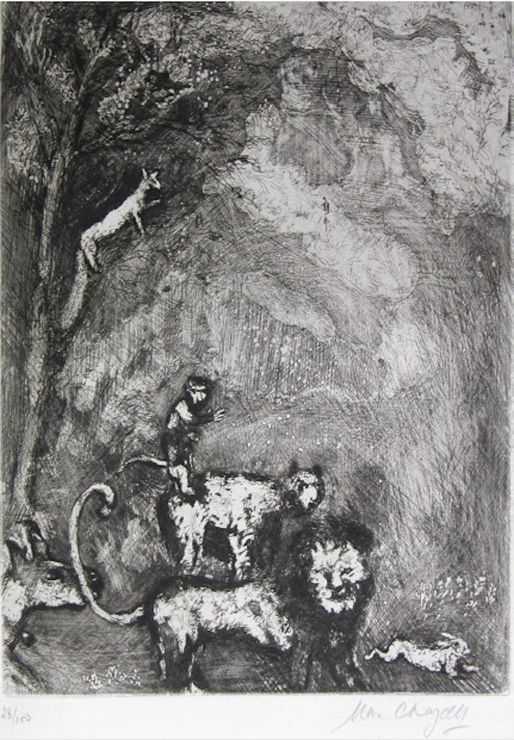 Der Lion s'en allant en guerre ist eine wunderbare Radierung:: Aquatinta und Wurzelholzarbeit von Marc Chagall. Handnummeriert und mit Bleistift am unteren Rand signiert. Auflage von 100 Drucken. 

Die Serie „Les Fables de La Fontaine“ stammt aus