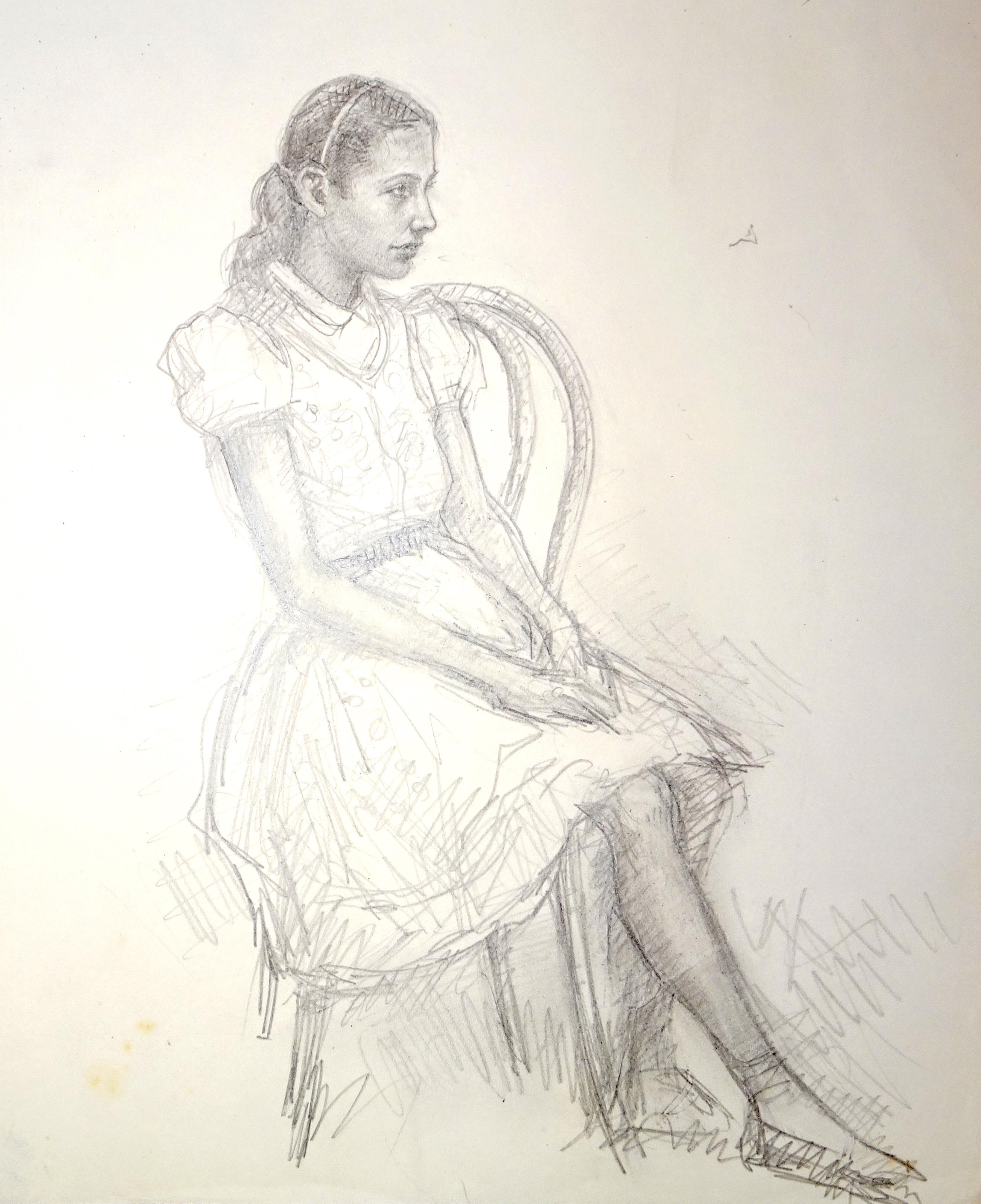 José Luis Rey Vila Figurative Art - Girl - Original Pencil Drawing by J.L. Rey Vila - 1959