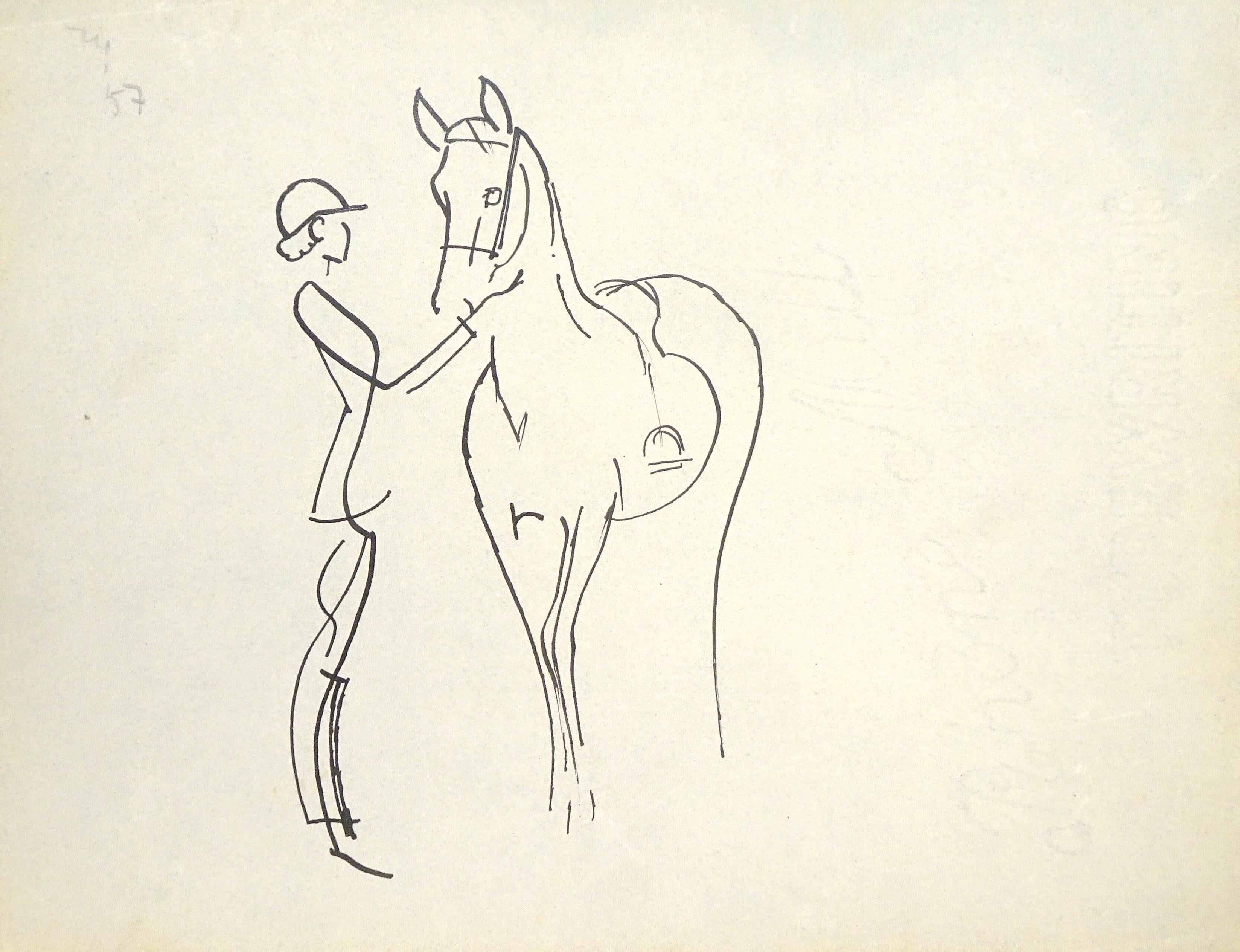 José Luis Rey Vila Figurative Art - Silhouette of Horseman and Horse - Original China Ink Drawing by J.L. Rey Vila