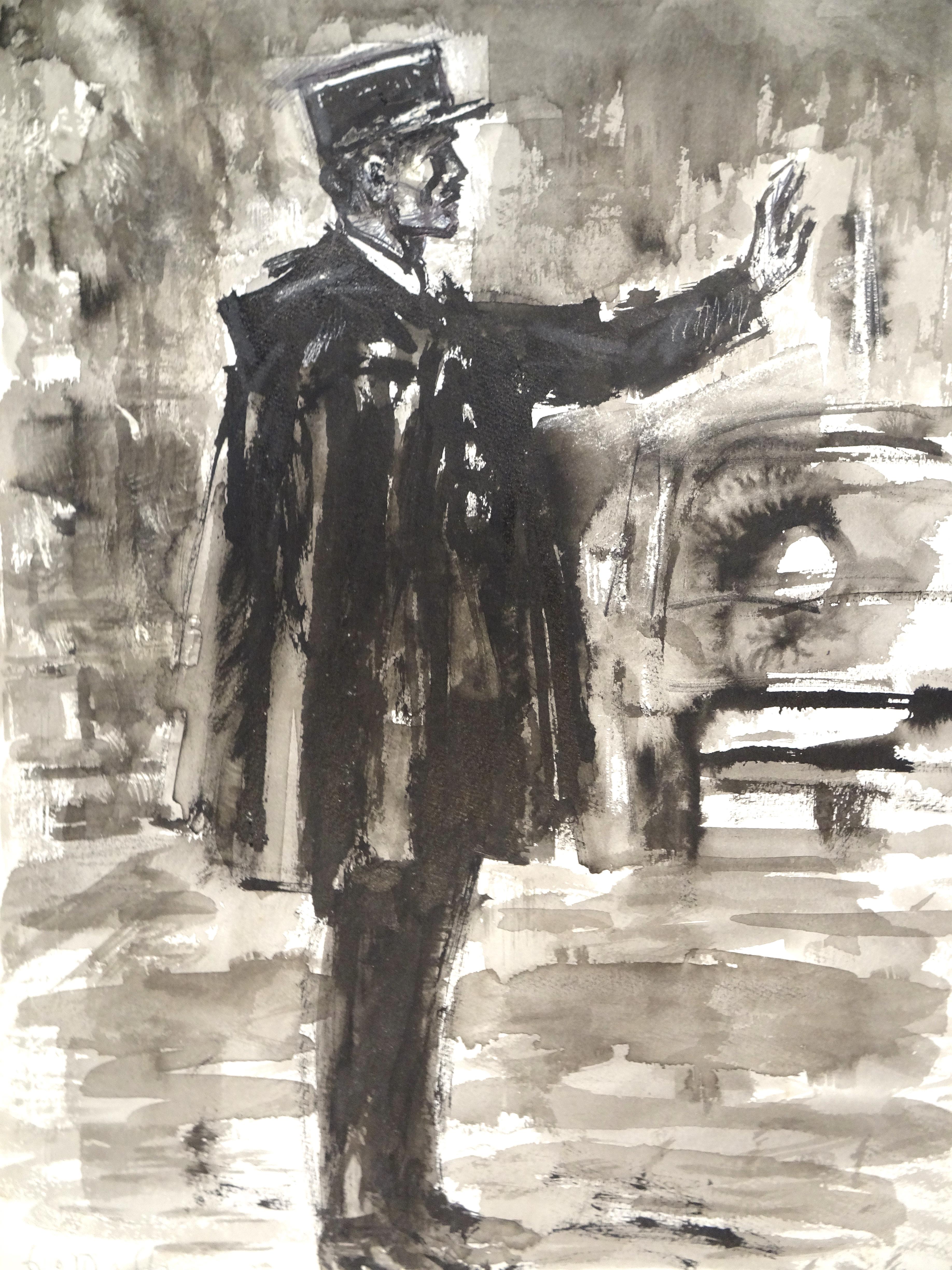 Policeman - Original Tempera and Watercolor by J.L. Rey Vila - Modern Mixed Media Art by José Luis Rey Vila