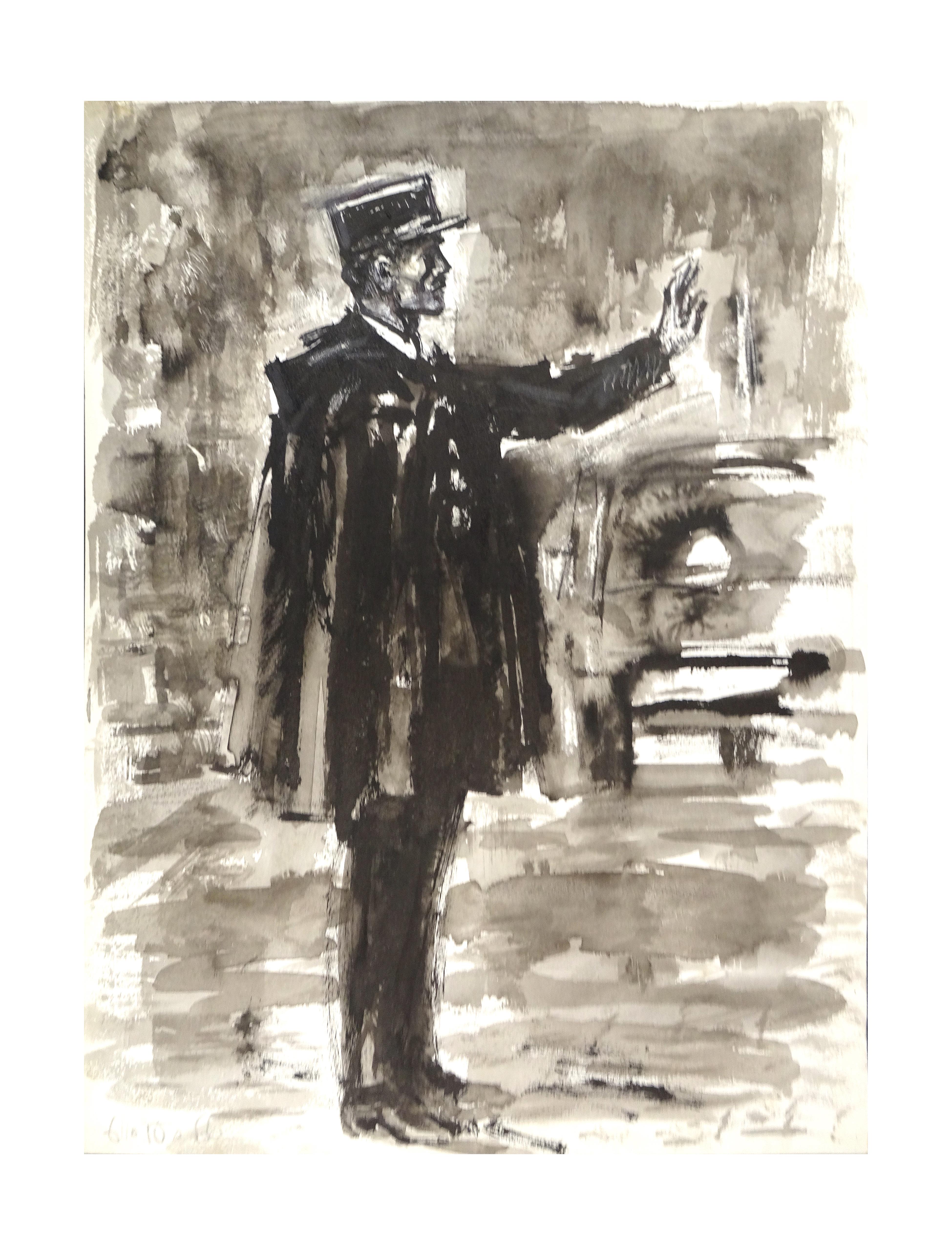 Policeman is an original artwork realized by José Luis Rey Vila in the 1950s. Watercolor and tempera on paper. 
Unsigned. Very good conditions.
Very beautiful portrait of a policeman in profile realized by the Spanish artist José Luis Rey Vila when