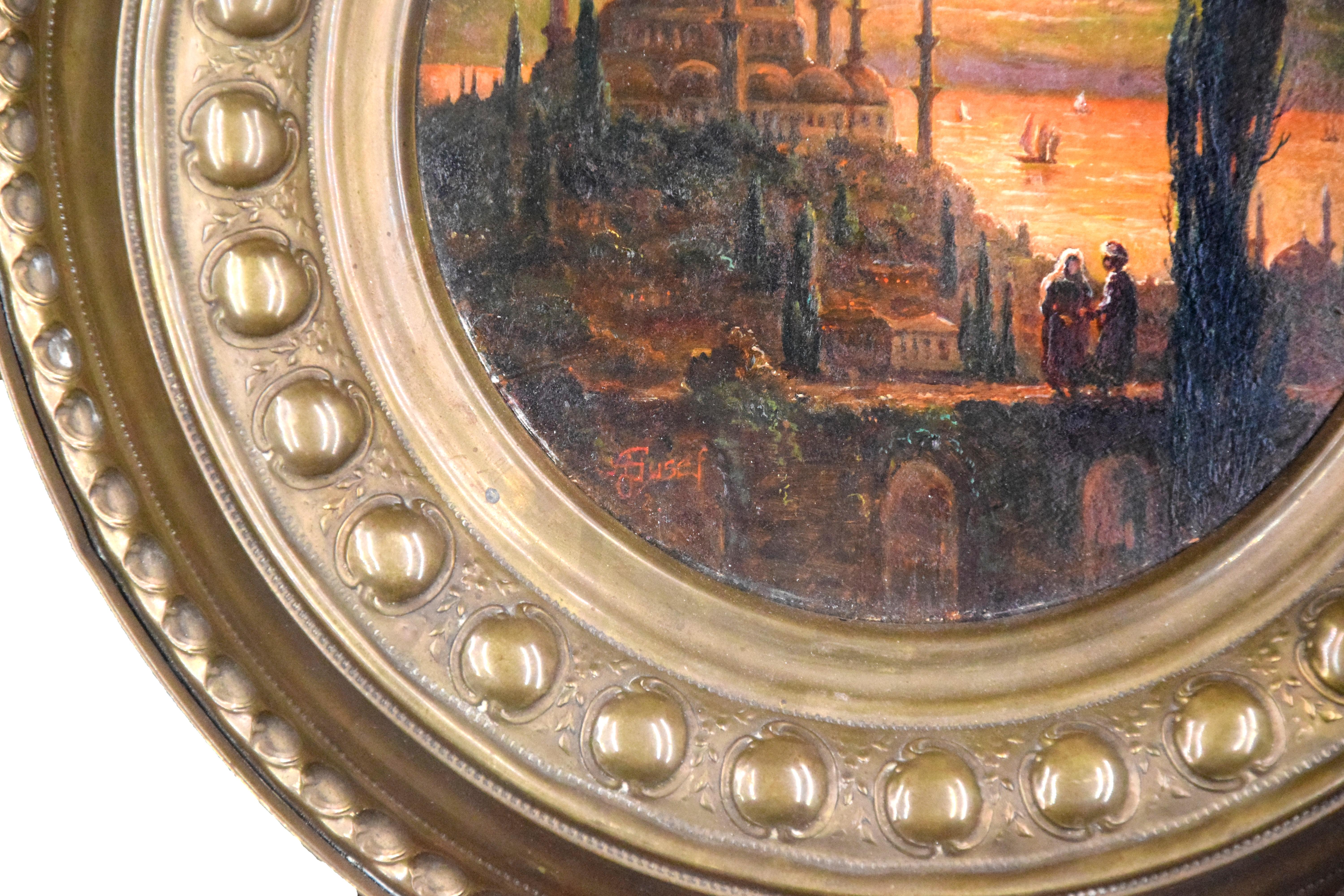 Round View of Constantinople - Original Oil on Wooden Panel 19th Century - Painting by Unknown