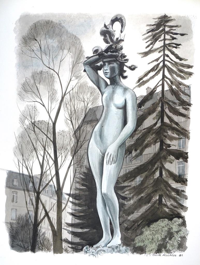 La statue - 1980 - Emile Deschler - Aquarelle - Moderne