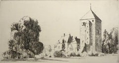 French Village with Church - Etching by Eugene Corneau - Mid-20th Century