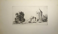 French Village with Church - Etching by Eugene Corneau - Mid-20th Century