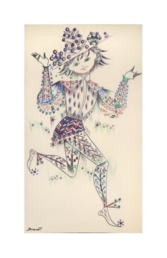 Vintage L'Arlequin de Noël - Original Pen Drawing on Paper by Buscot - Mid 1900