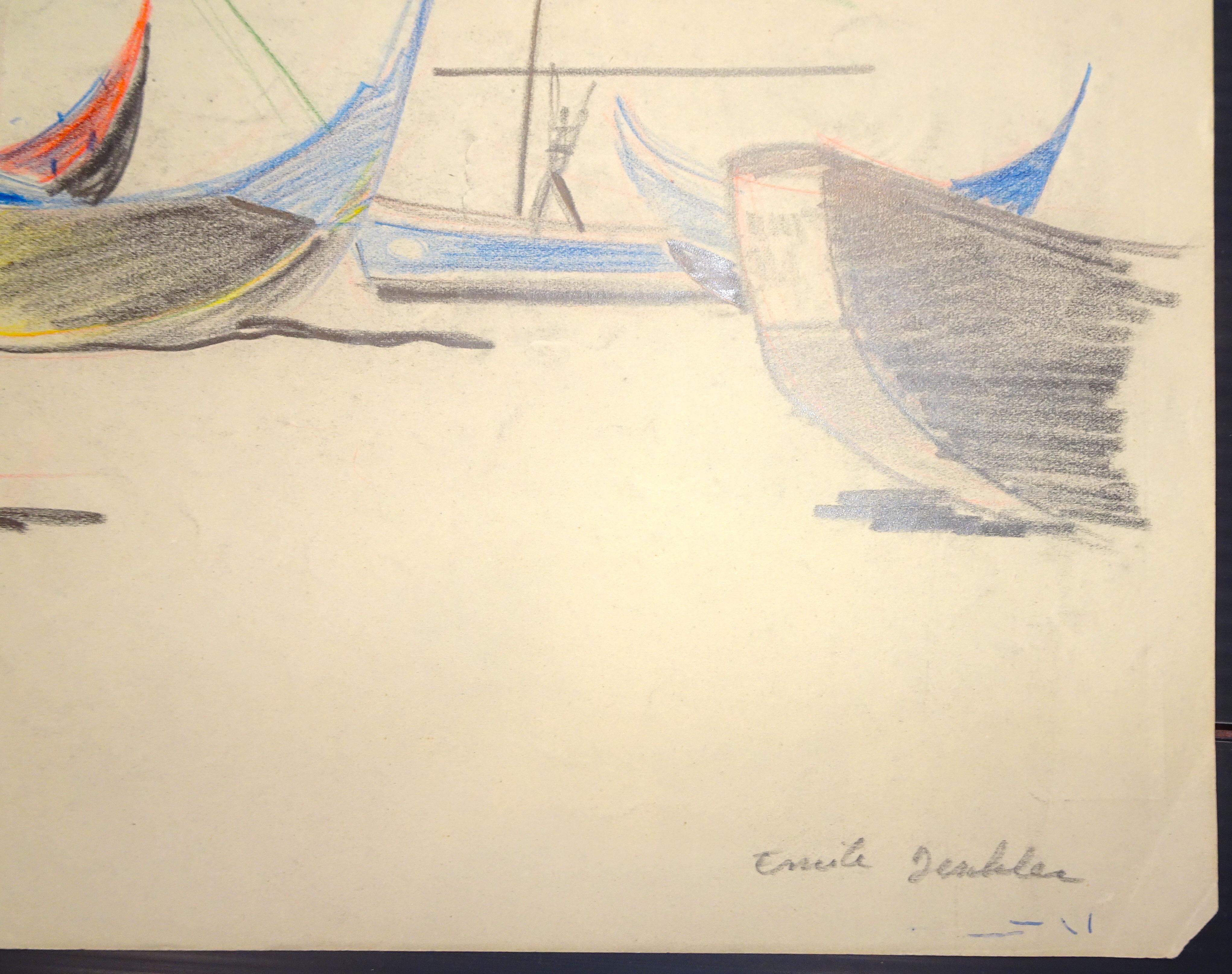 Boats - Original Pastel on Paper by Emile Deschler - 1980s 1