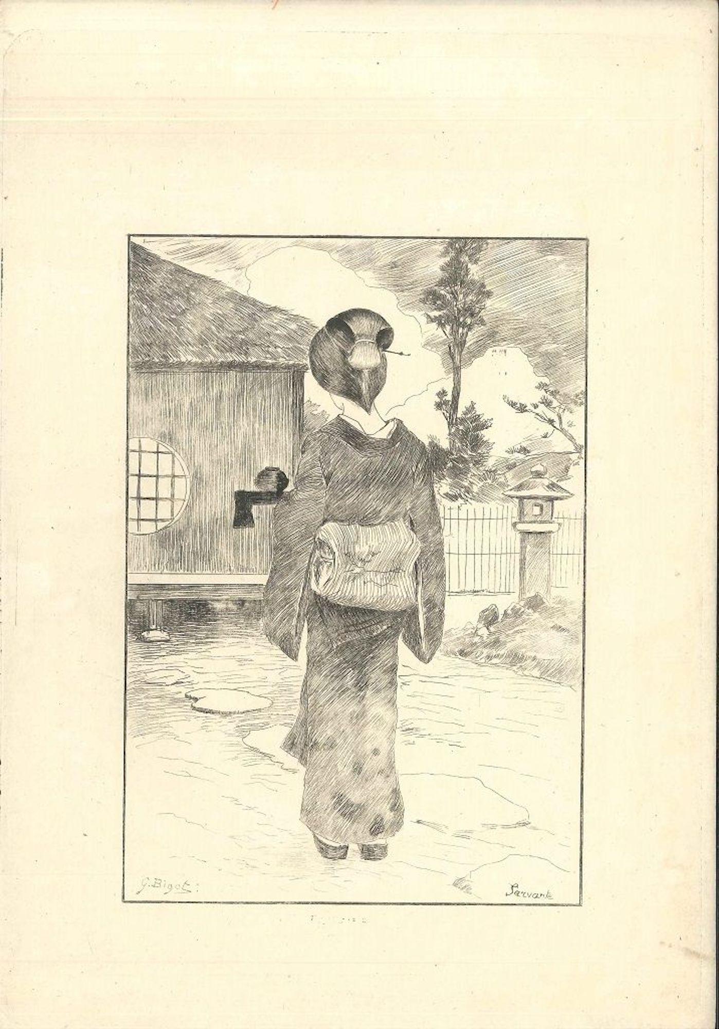 George Ferdinand Bigot Figurative Print - Servante - Original Etching on Japan Paper by G. F. Bigot - Tokyo 1886