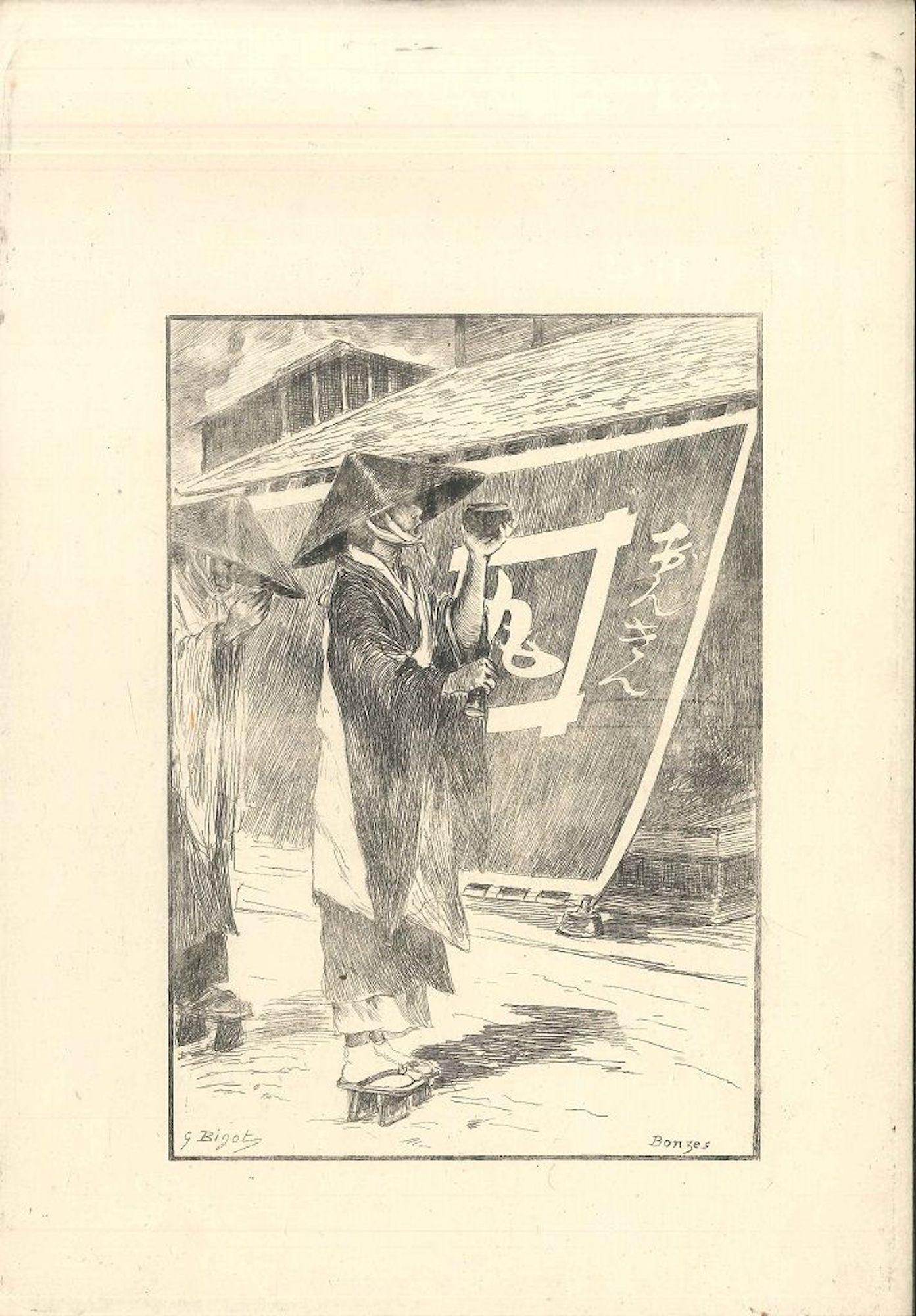 Bonzes - Etching on Japan Paper by G. F. Bigot - Tokyo 1886