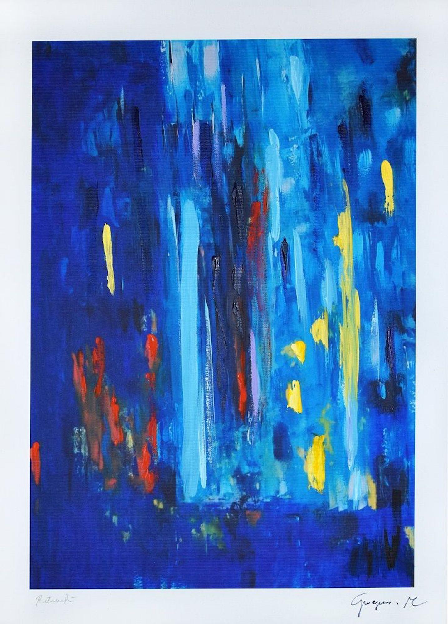 Blue Composition is an original colored esacolor print realized by Martine Goeyens in the 2000s.

The artwork is hand-signed in pen by the artist on the lower right. Hand-retouched by the artist on the lower left margin. Embossed stamp of