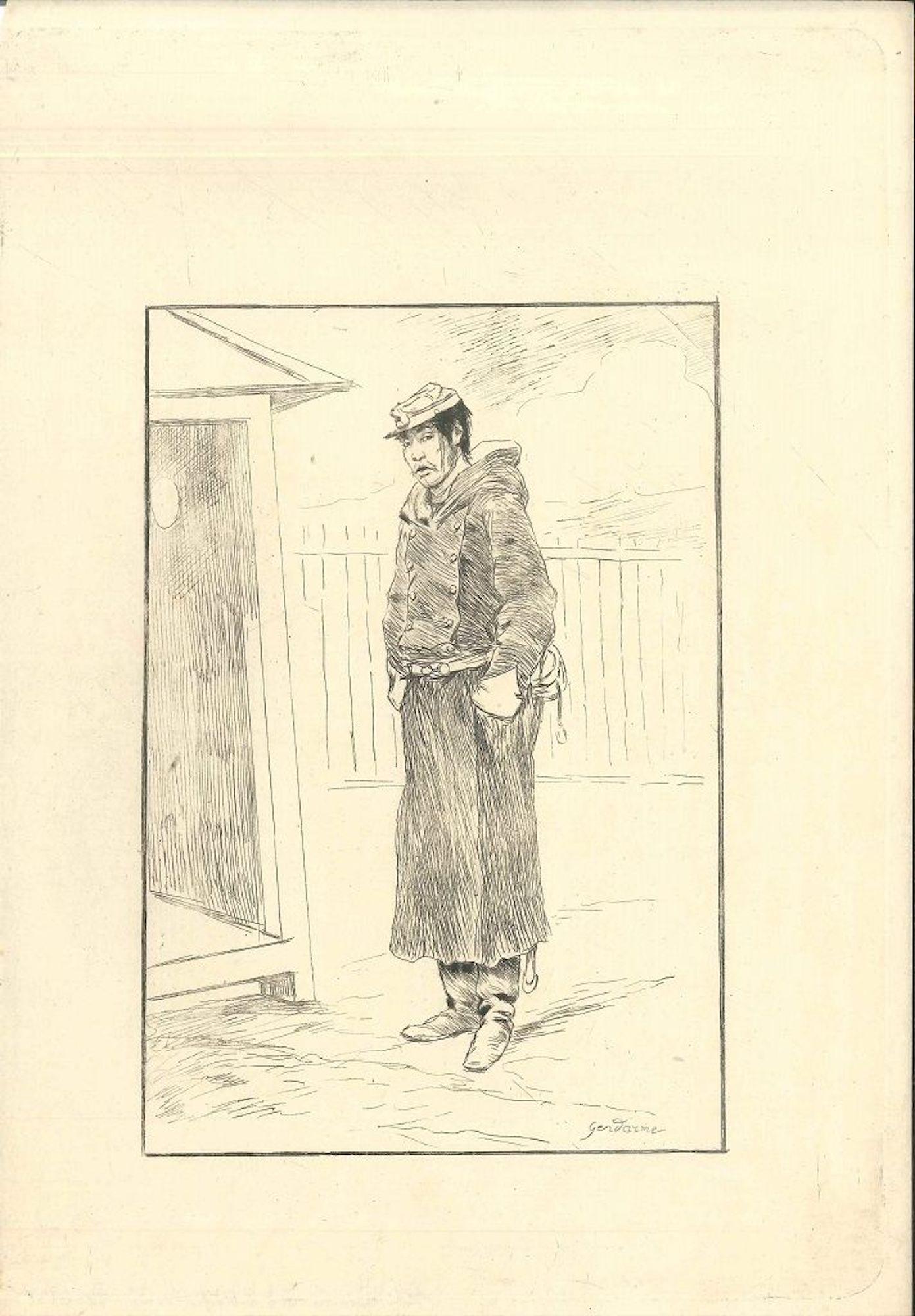 George Ferdinand Bigot Figurative Print - Gendarme - Original Etching on Japan Paper by G. F. Bigot - Tokyo 1886