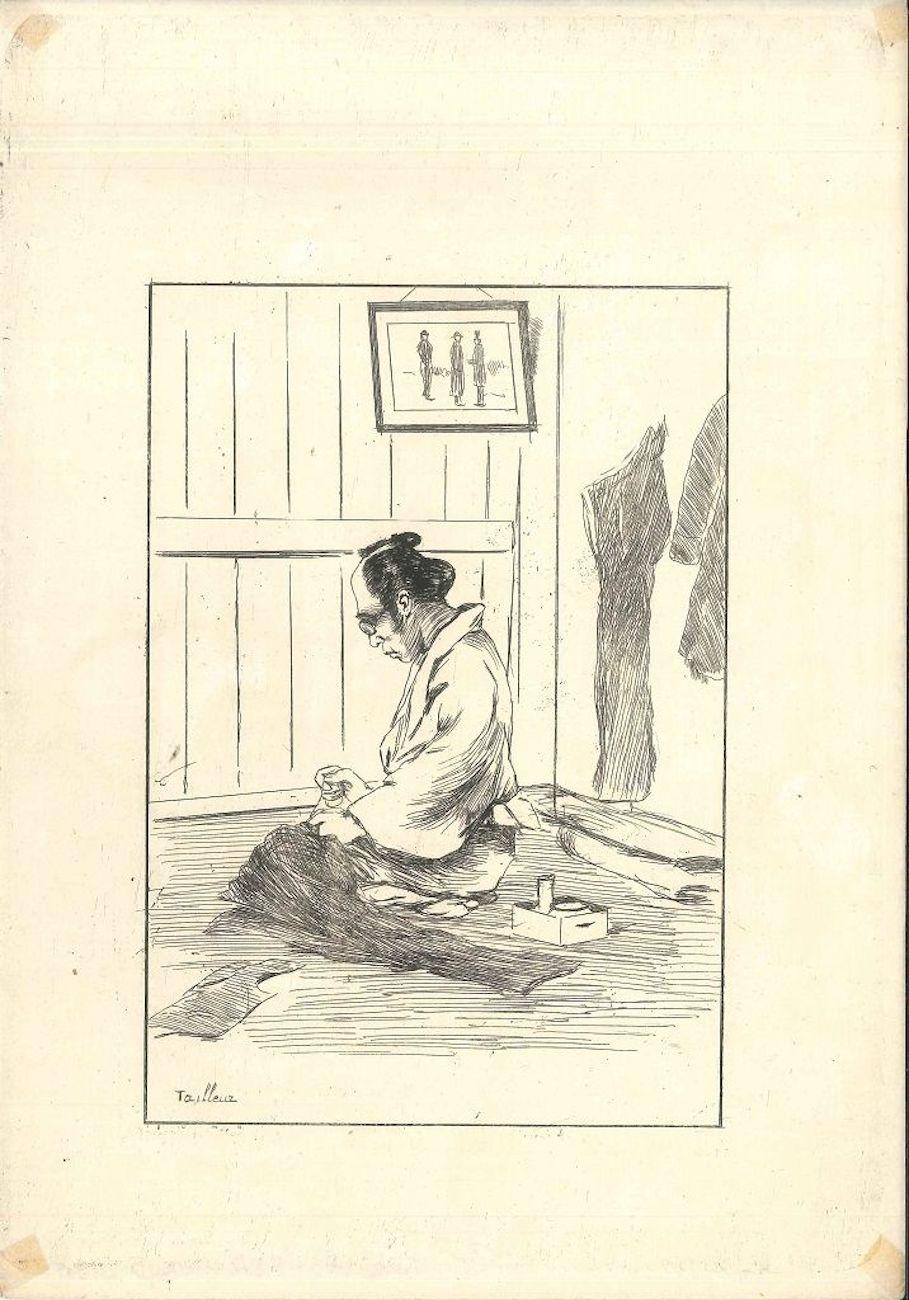 George Ferdinand Bigot Figurative Print - Tailleur - Etching on Japan Paper by G. F. Bigot - Tokyo 1886