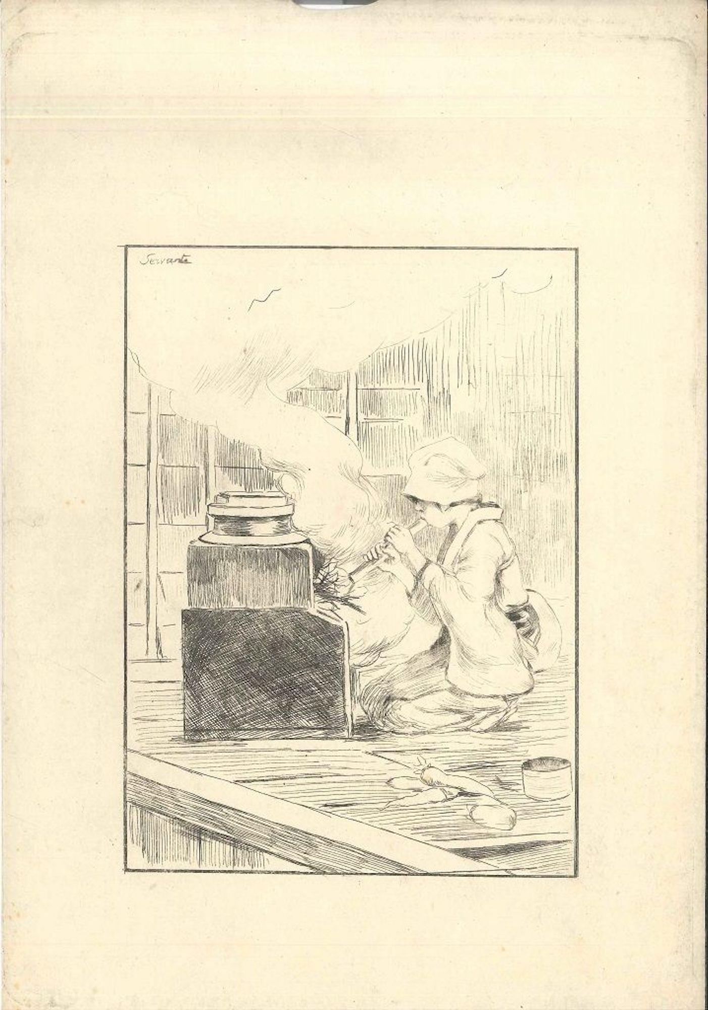 George Ferdinand Bigot Figurative Print - La Servante - Original Etching on Japan Paper by G. F. Bigot - Tokyo 1886