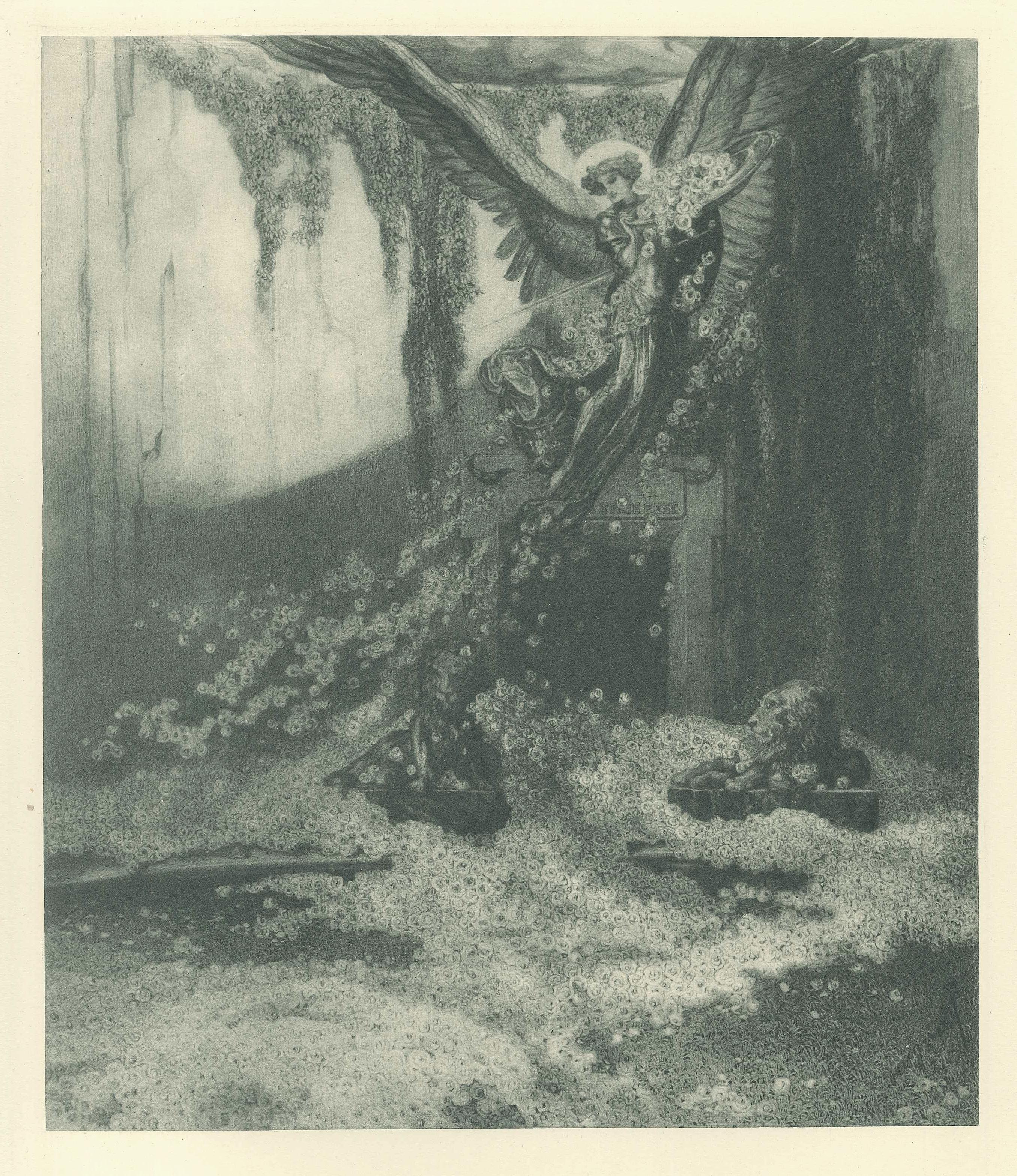 Franz von Bayros (Choisi Le Conin) Landscape Print - Den Gefallenen Bayern - Vintage Héliogravure by Franz von Bayros - 1921 ca.