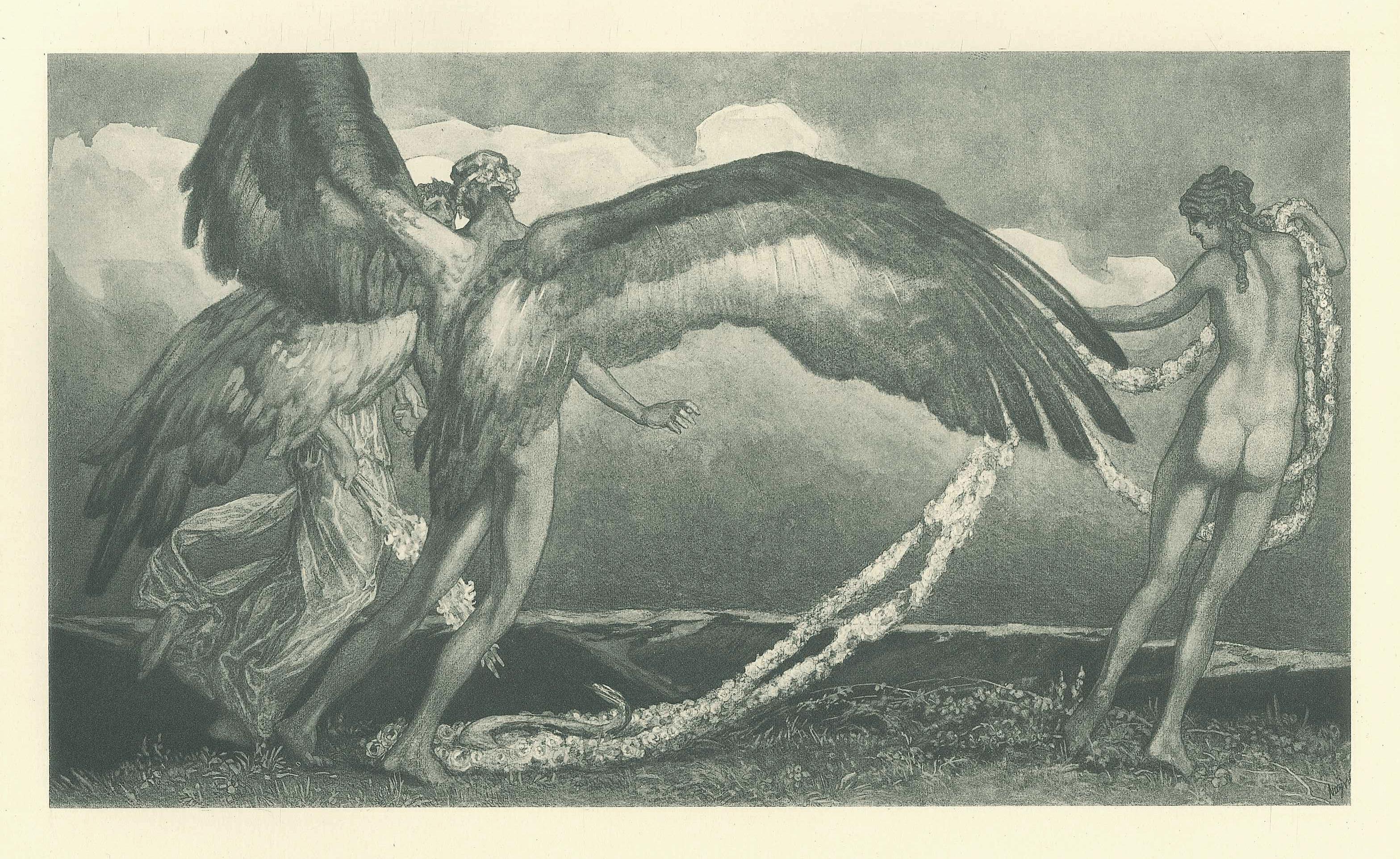 Franz von Bayros (Choisi Le Conin) Landscape Print - Fall Der Engel - Vintage Héliogravure by Franz von Bayros - 1921 ca.