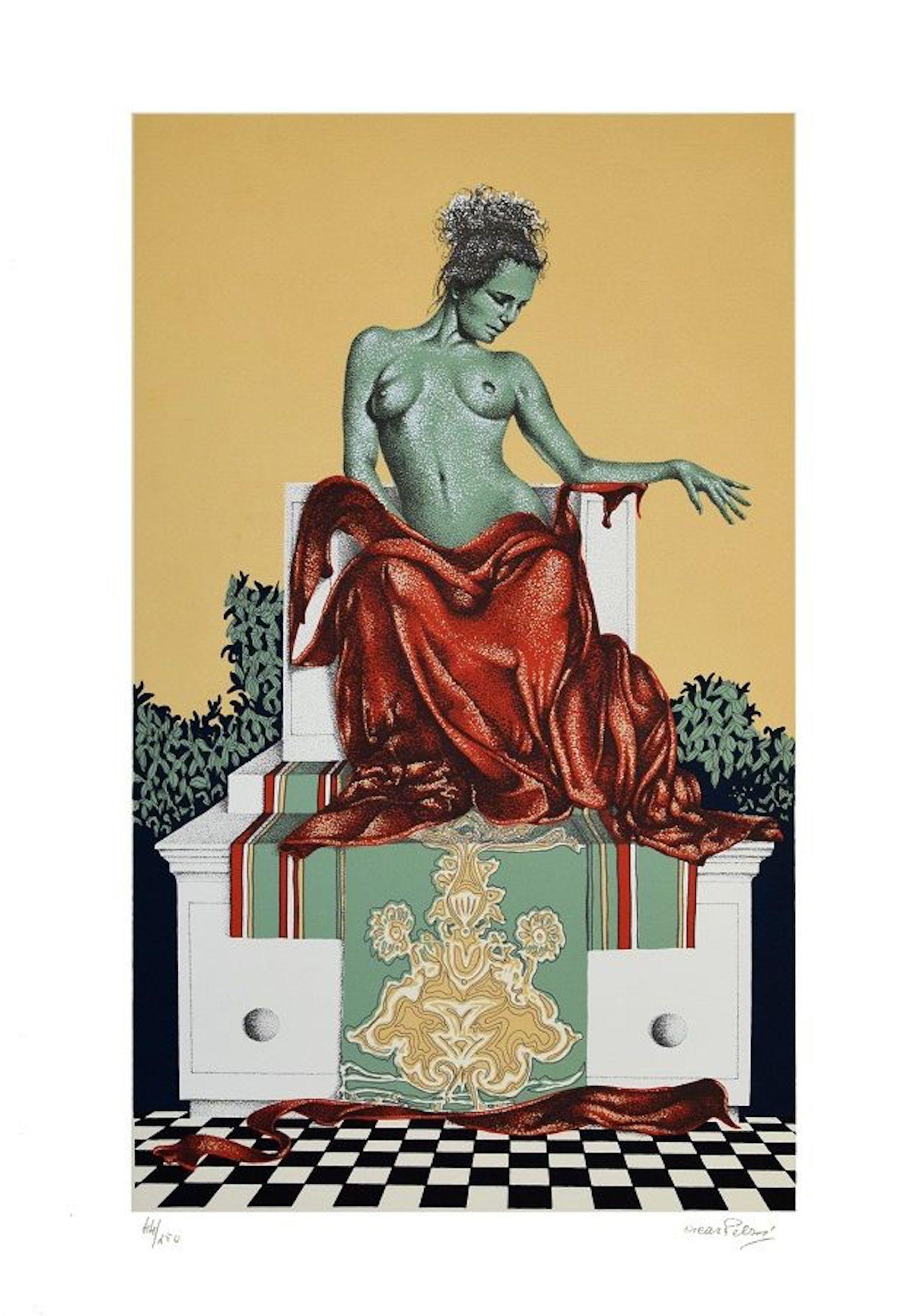 The Diva is an original colored serigraph realized by Oscar Pelosi during the 1980s.

The artwork is hand-signed in pencil by the artist on the lower right. Numbered on the lower left. Edition of 44/150.

Good conditions.

Oscar Pelosi (1938 – 1996)
