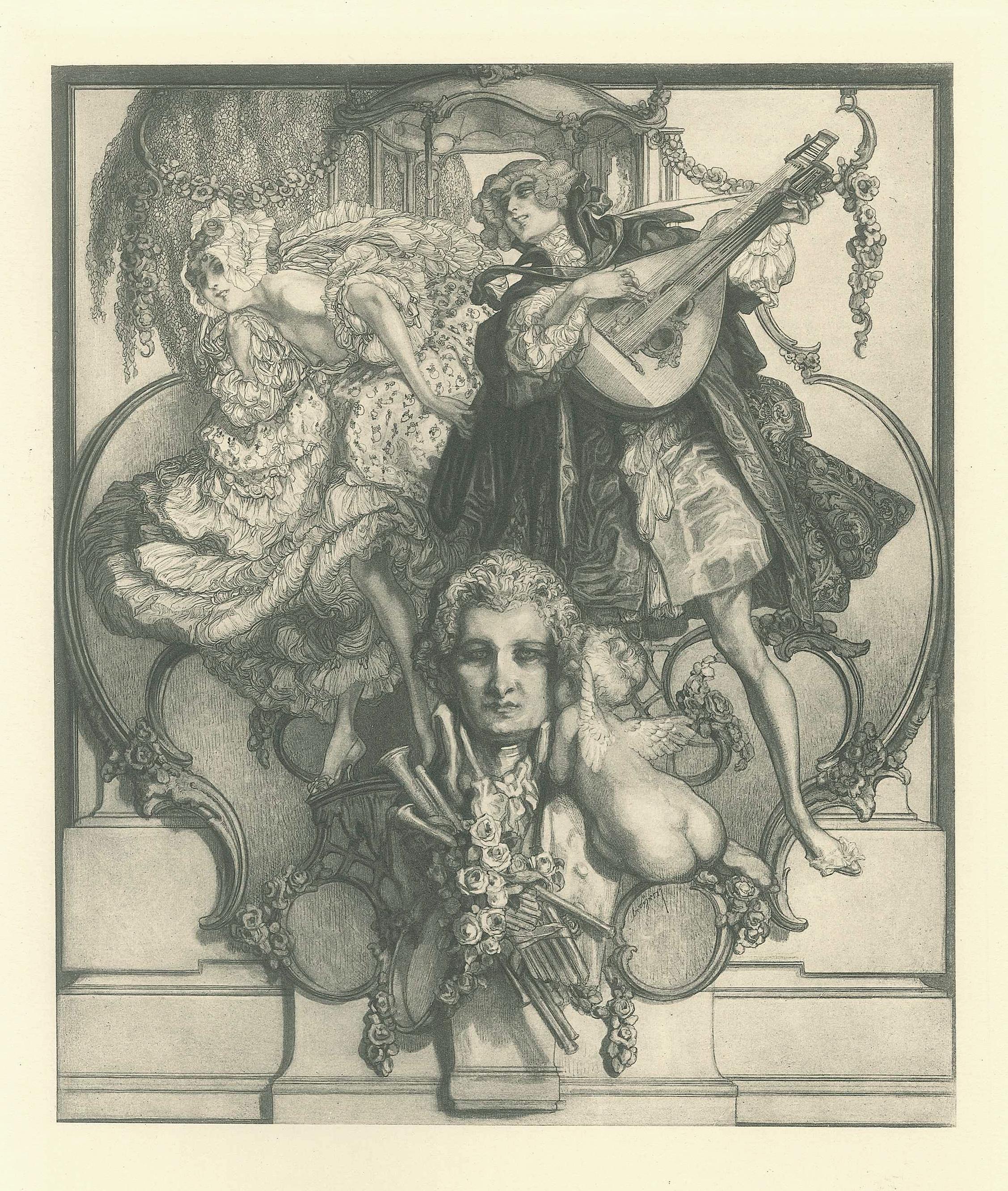 Franz von Bayros (Choisi Le Conin) Figurative Print - Mozart - Vintage Héliogravure by Franz von Bayros - 1921 ca.