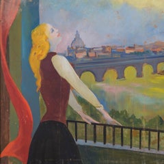 Woman on the Balcony - Original Tempera by N. Gasparri - 1950s