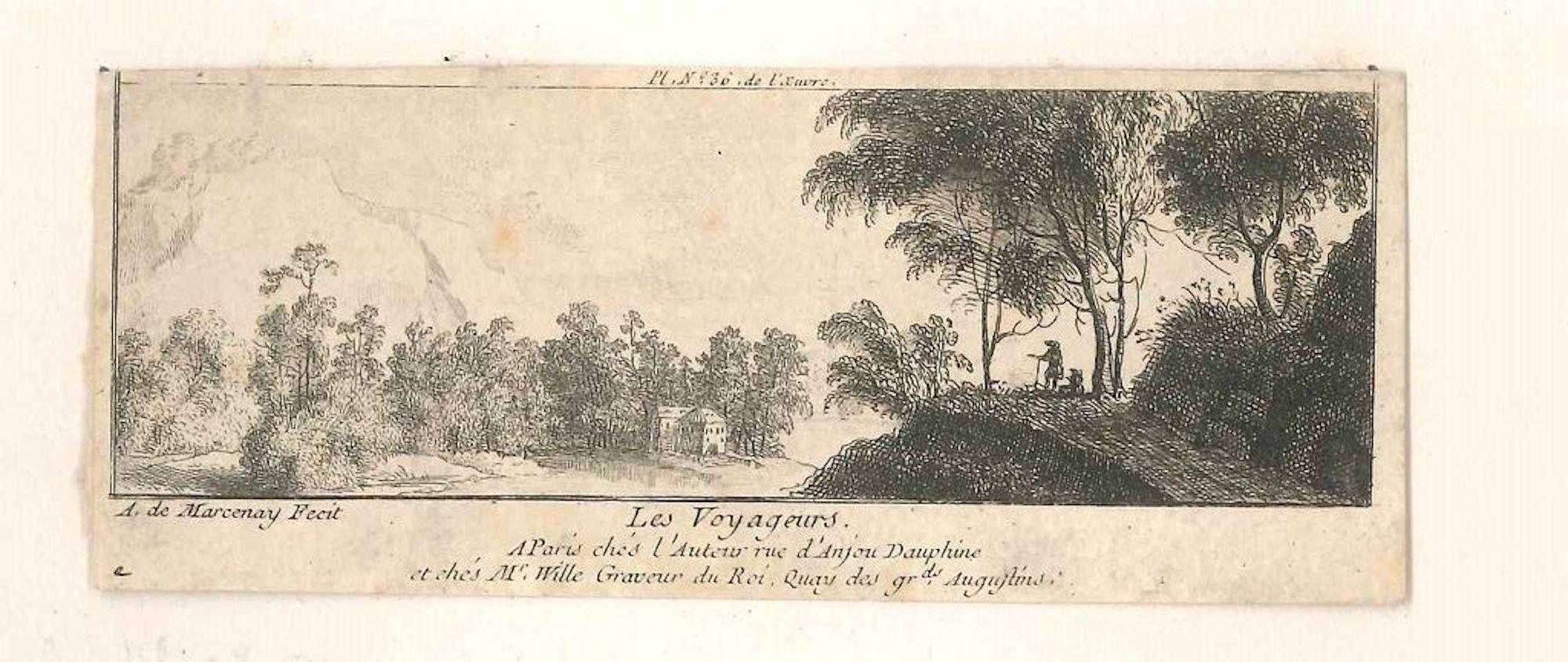 Antoine Marcenay de Ghuy Landscape Print - The Passengers - Original Etching by A. M. de Ghuy - 1775