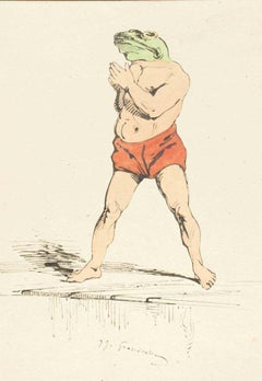 The Swimmer - Original Ink Drawing and Watercolor by J.J. Grandville