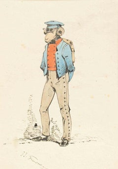 The Infantryman - Original Ink Drawing and Watercolor by J.J. Grandville