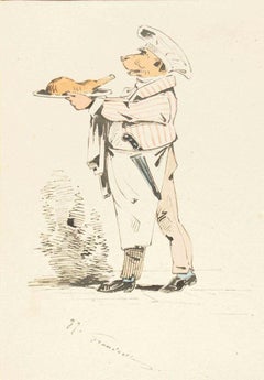 Antique The Chef - Ink Drawing and Watercolor by J.J. Grandville