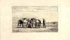 Les chevaux dans le paysage - Gravure originale de J.J. Veyrassat - Fin du XIXe siècle