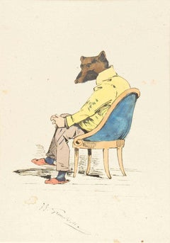 The Intellectual - Original Ink Drawing and Watercolor by J.J. Grandville