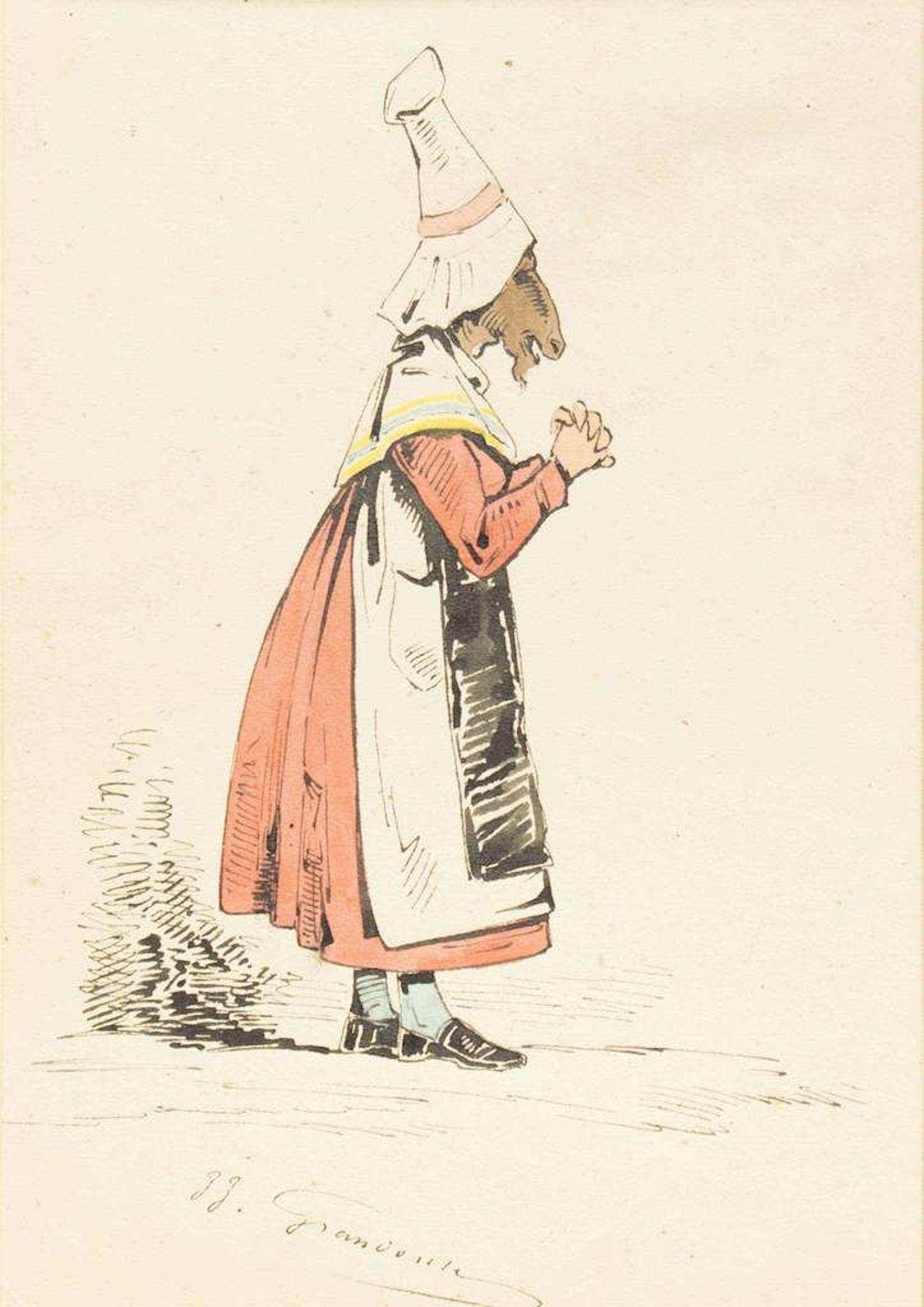 The Devotee - Ink Drawing and Watercolor by J.J. Grandville