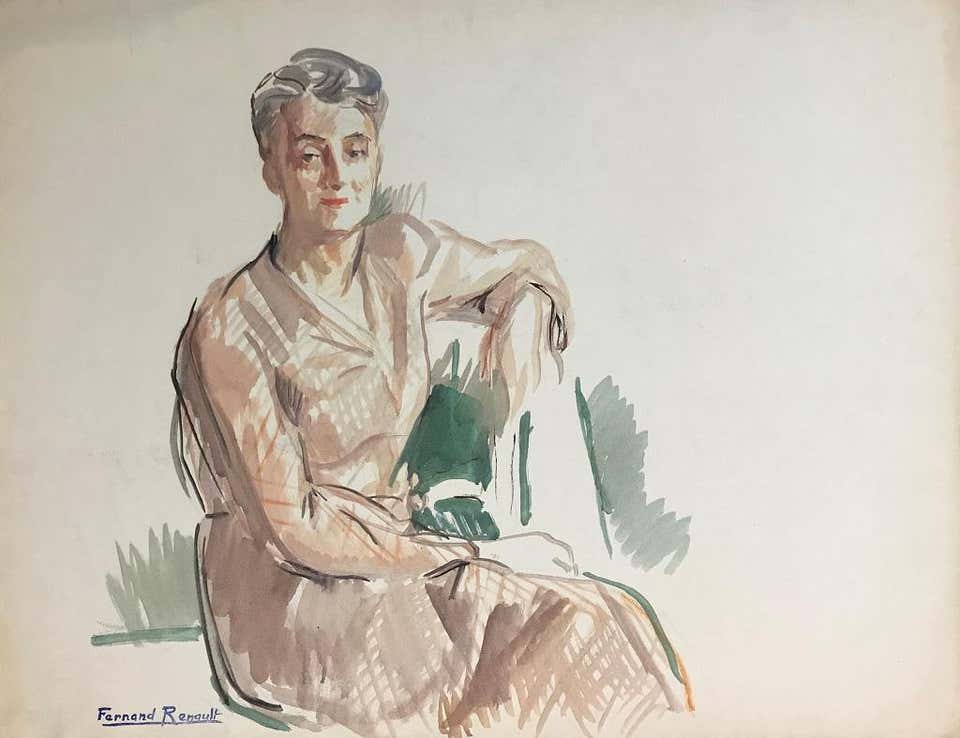 Albert FernandRenault Portrait of a Lady Original Watercolor on