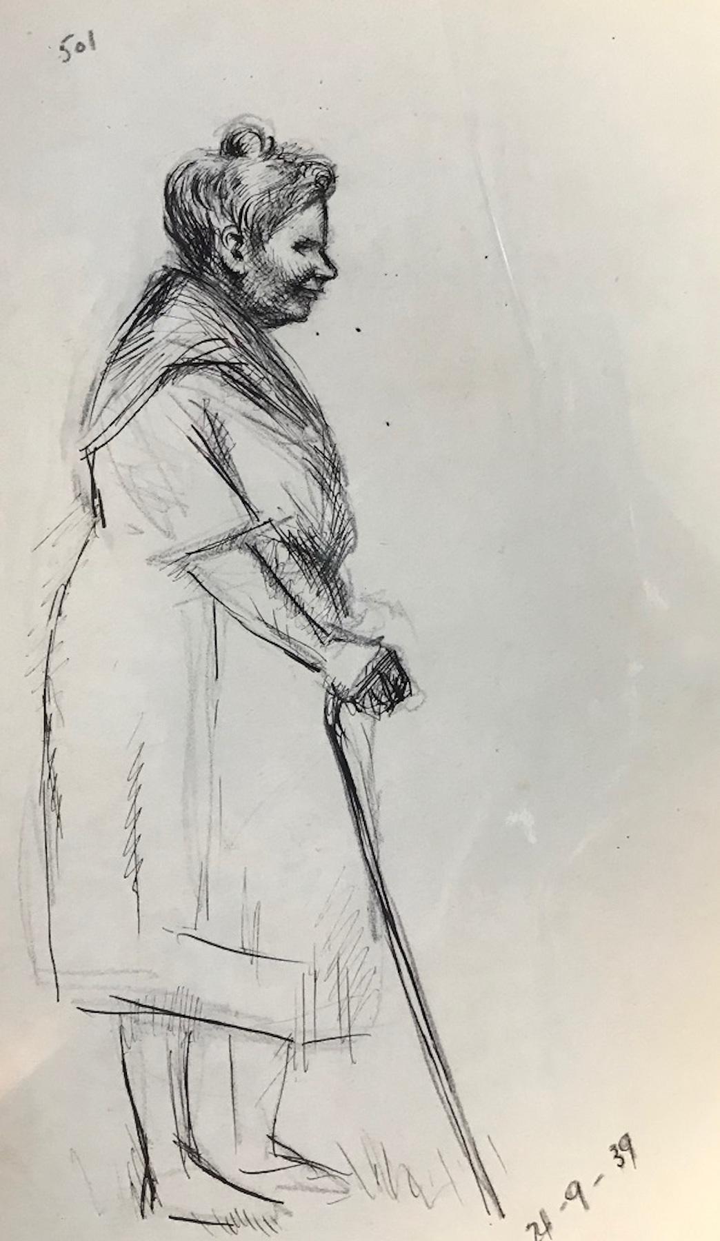 José Luis Rey Vila Figurative Art - Old Woman - Original Pen and Pencil on Paper by J.L. Rey-Vila