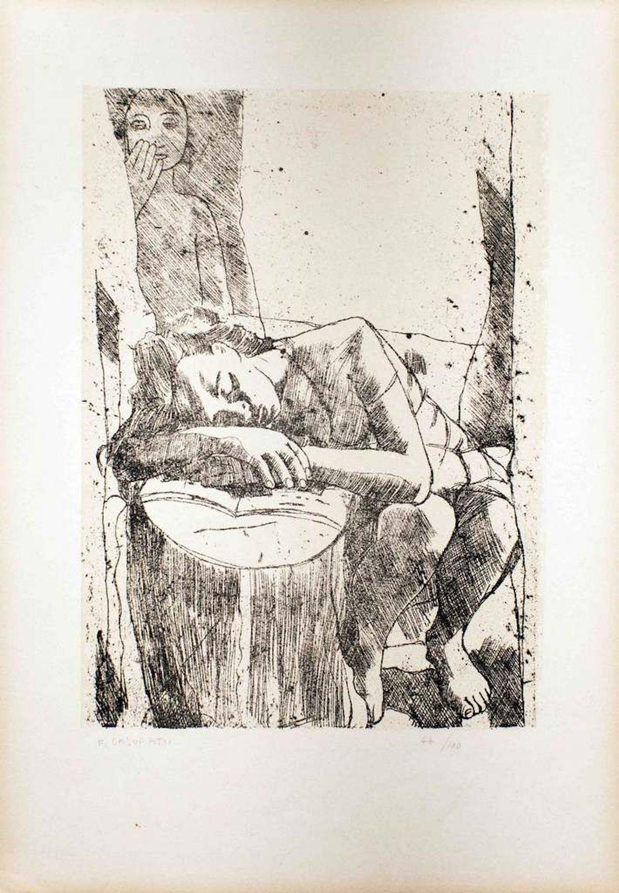 Sleeping Woman - Lithograph by Felice Casorati - 1946