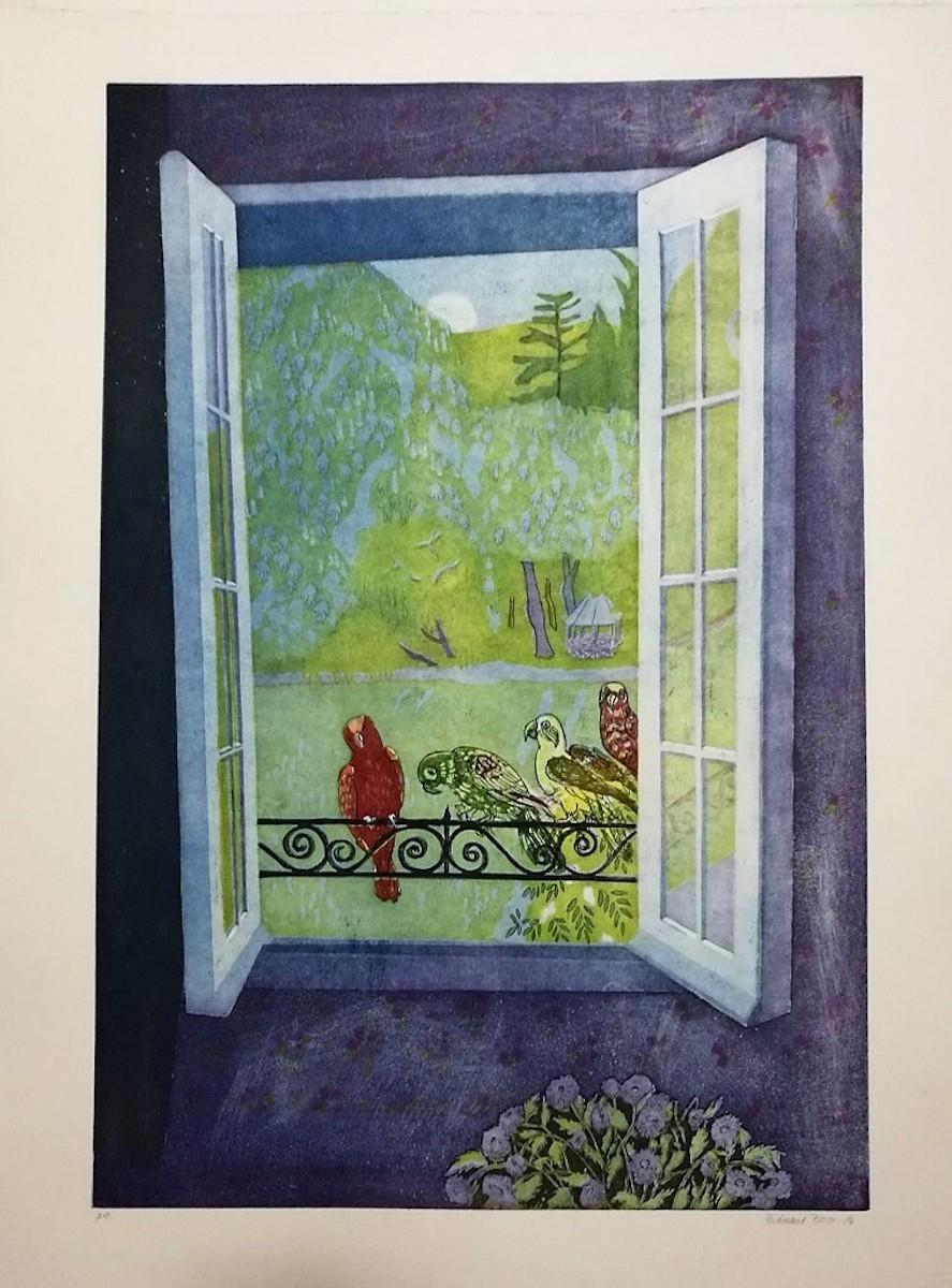 Ferdinand Oscar Finne Figurative Print - Parrots on the Window - 1986 - Ferdinand Finne - Aquatint - Contemporary