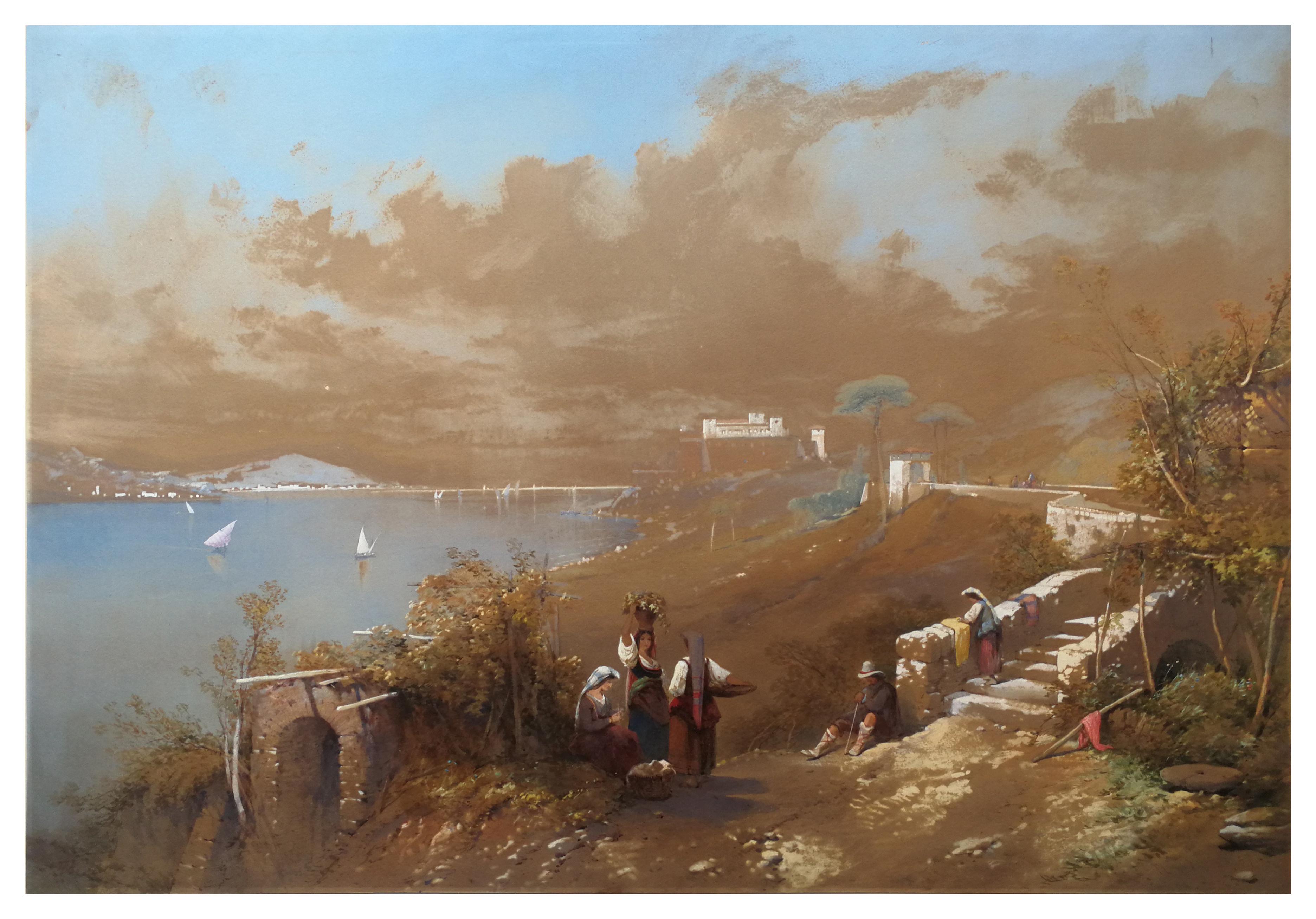 Thomas Charles Leeson Rowbotham Figurative Art - Bay of Naples 1857 - Watercolor and White Lead on Paper