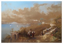 Antique Bay of Naples 1857 - Watercolor and White Lead on Paper